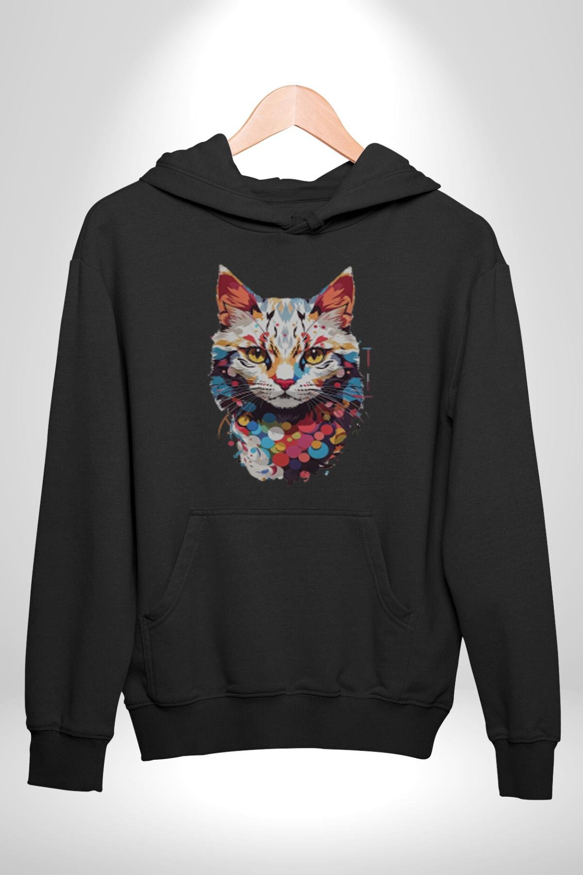 Renki Kedi Sarı Gözlü Tekir Kadın Erkek Çocuk Siyah Kapüşonlu Sweatshirt Hoodie