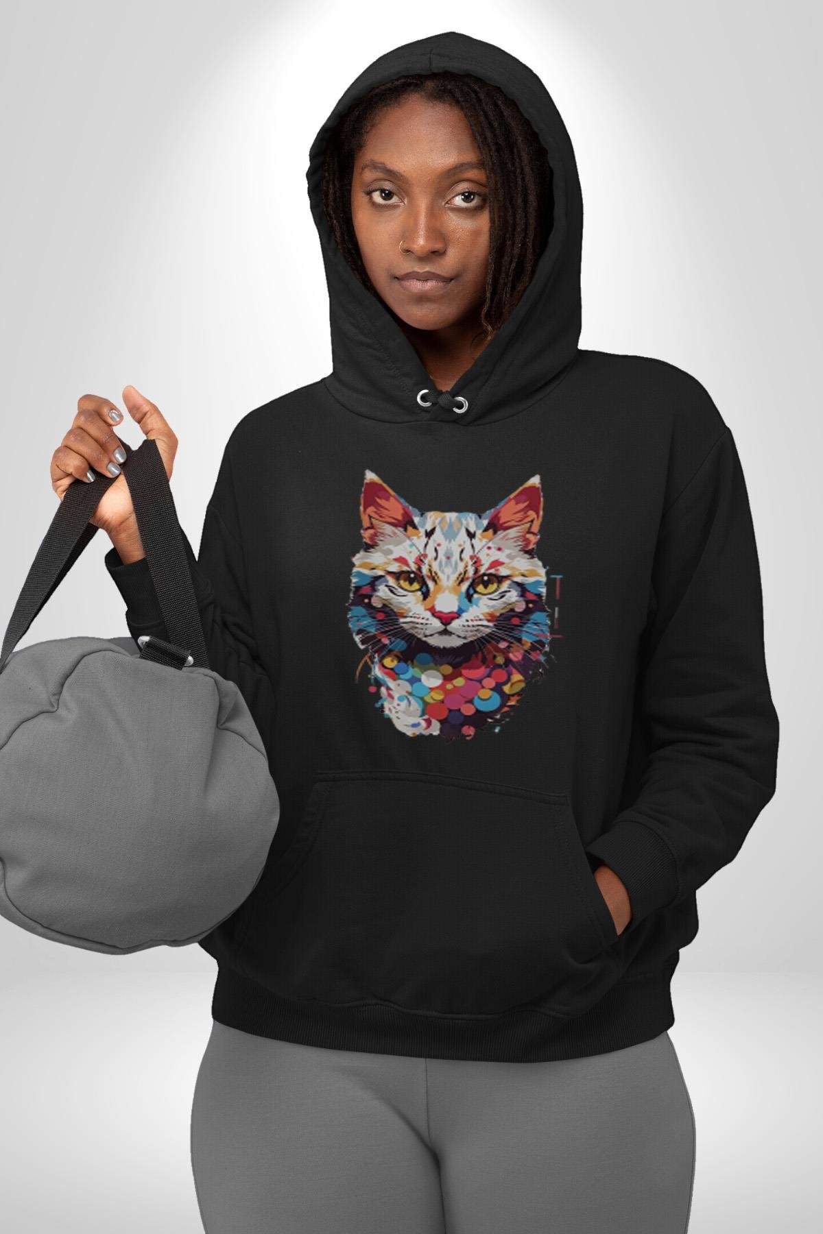 Renki Kedi Sarı Gözlü Tekir Kadın Erkek Çocuk Siyah Kapüşonlu Sweatshirt Hoodie