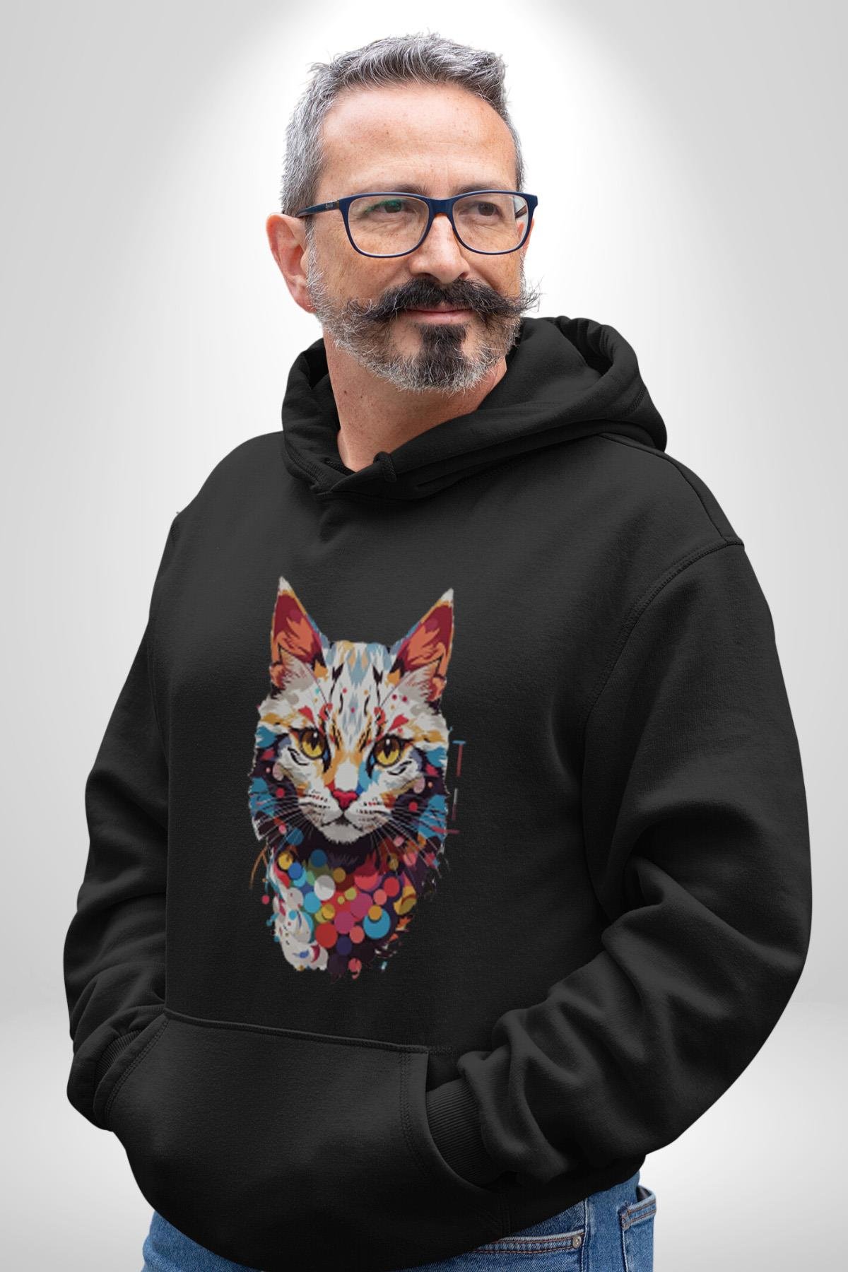 Renki Kedi Sarı Gözlü Tekir Kadın Erkek Çocuk Siyah Kapüşonlu Sweatshirt Hoodie