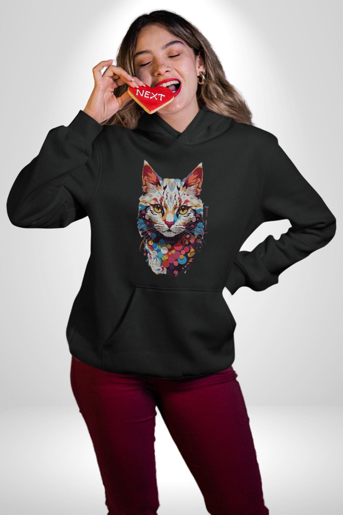 Renki Kedi Sarı Gözlü Tekir Kadın Erkek Çocuk Siyah Kapüşonlu Sweatshirt Hoodie