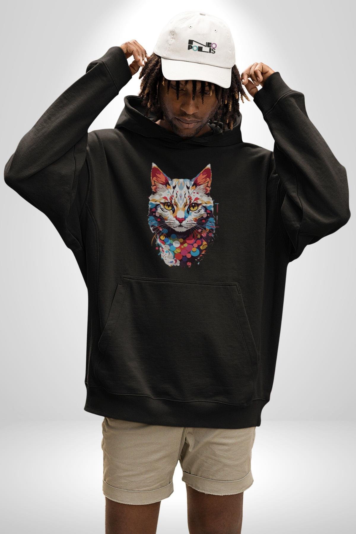 Renki Kedi Sarı Gözlü Tekir Kadın Erkek Çocuk Siyah Kapüşonlu Sweatshirt Hoodie