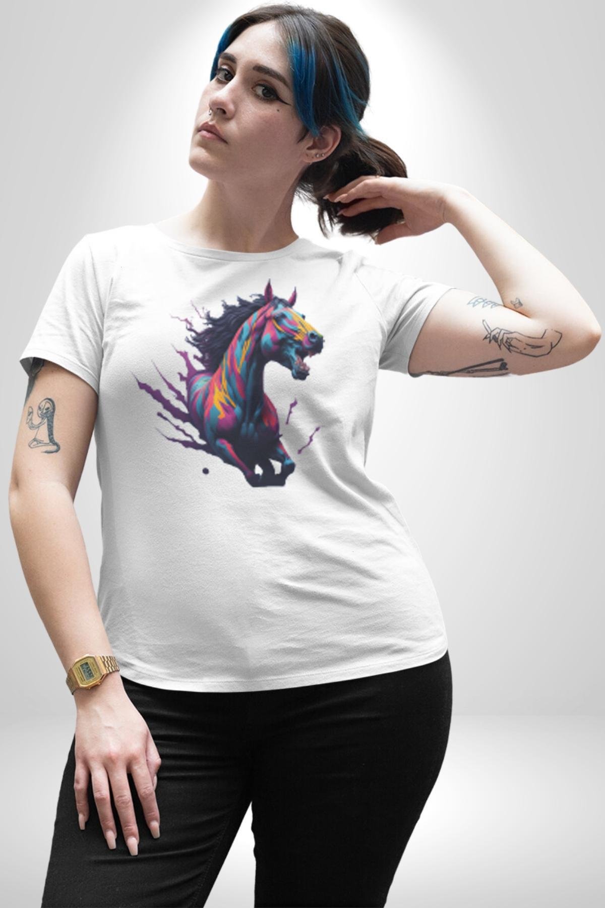 Renkli At Koşu  Kadın Erkek Unisex Beyaz Organik Baskılı T-Shirt