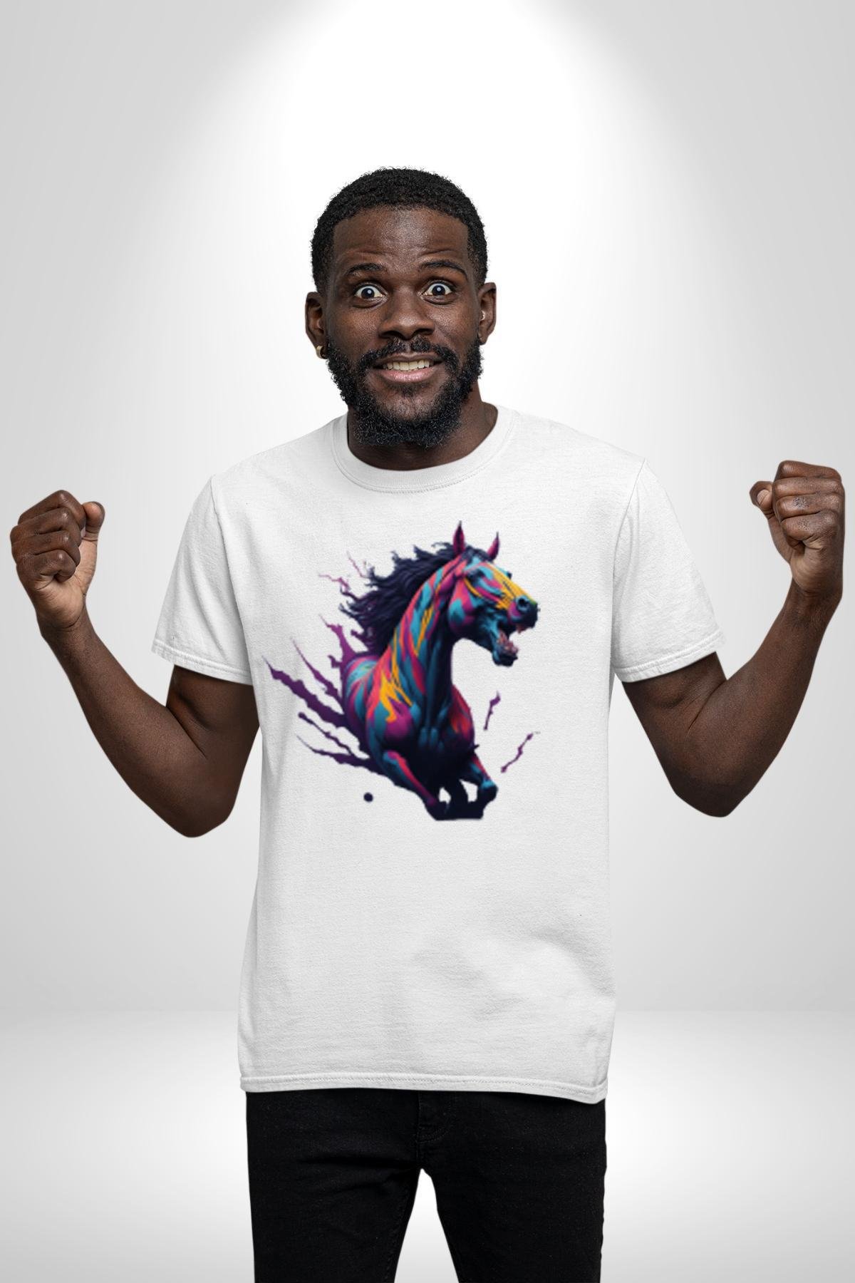 Renkli At Koşu  Kadın Erkek Unisex Beyaz Organik Baskılı T-Shirt