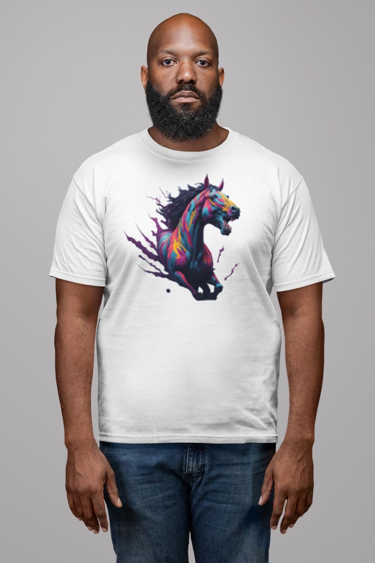 Renkli At Koşu  Kadın Erkek Unisex Beyaz Organik Baskılı T-Shirt