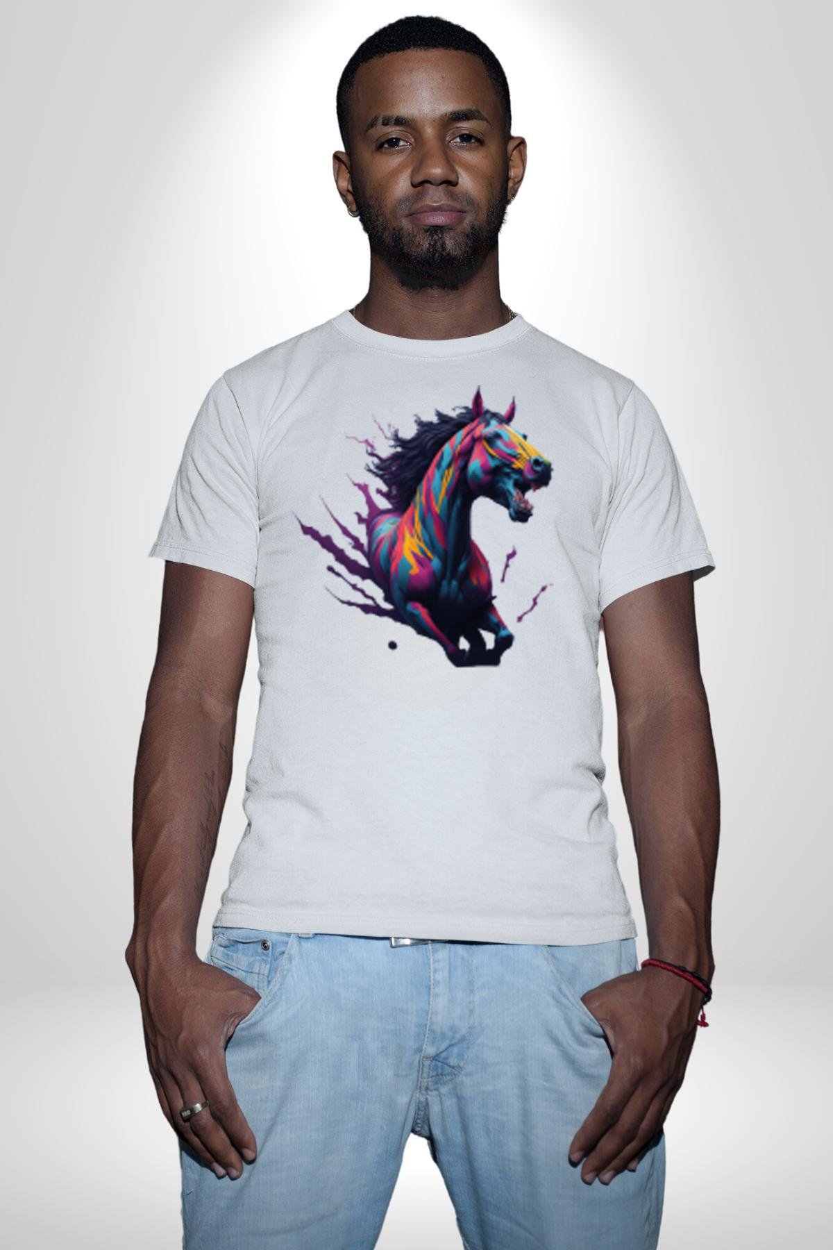 Renkli At Koşu  Kadın Erkek Unisex Beyaz Organik Baskılı T-Shirt