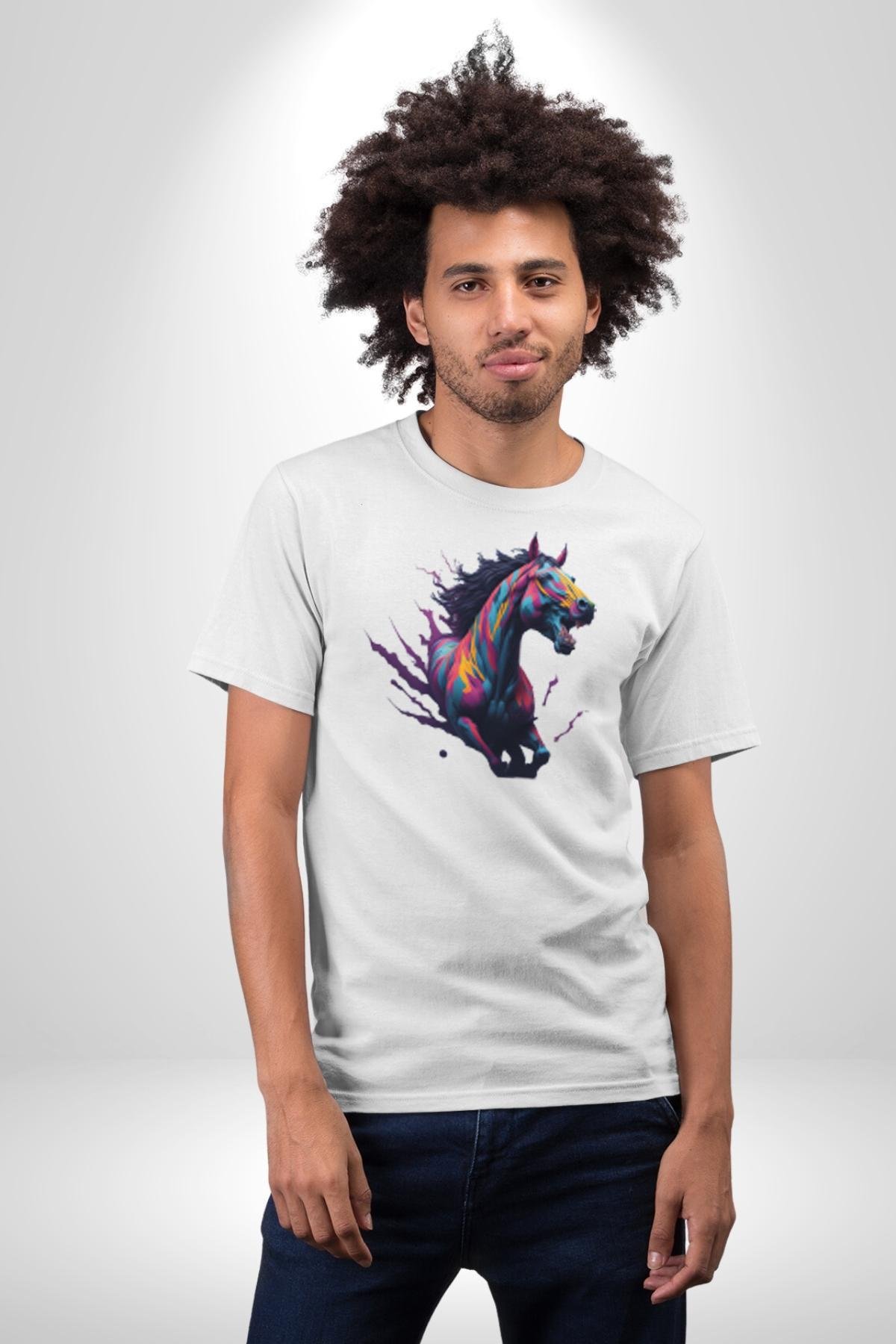 Renkli At Koşu  Kadın Erkek Unisex Beyaz Organik Baskılı T-Shirt