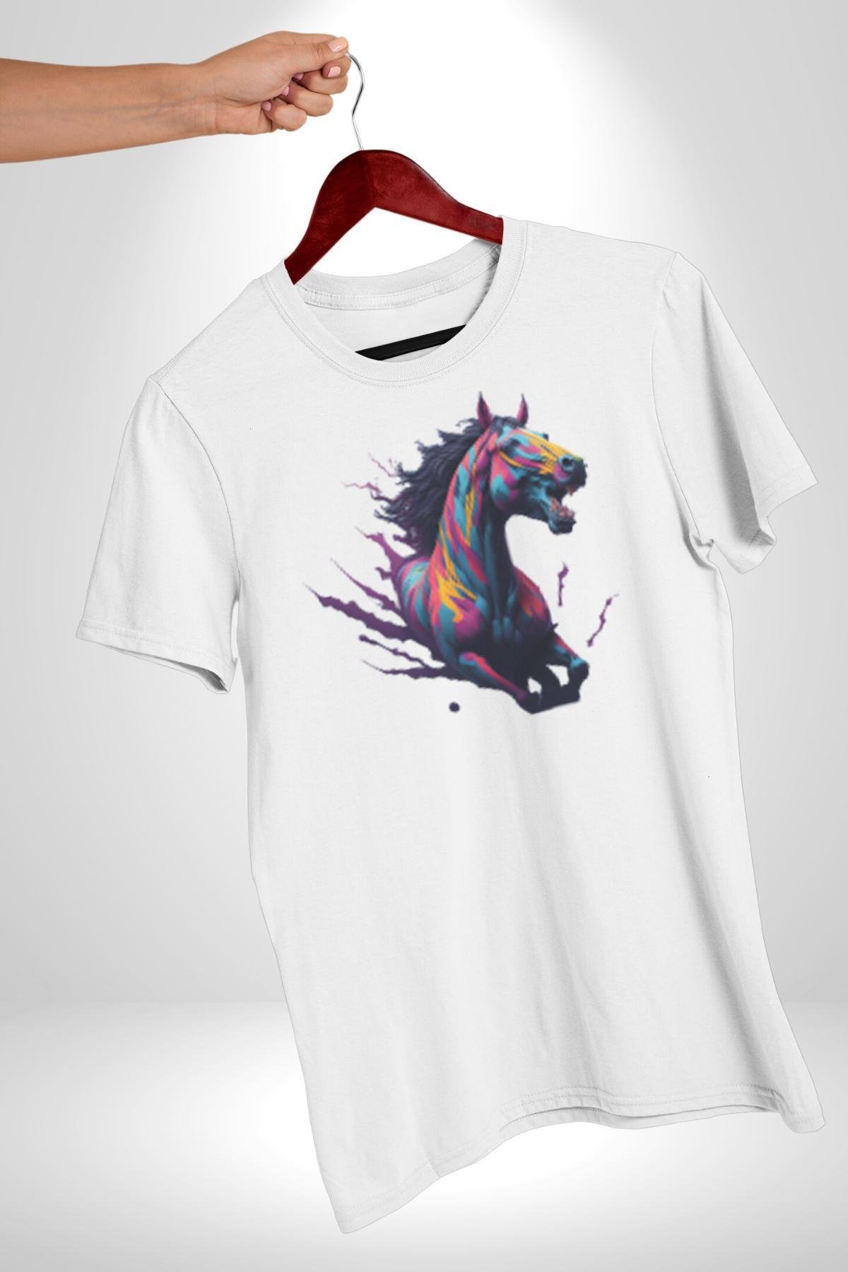 Renkli At Koşu  Kadın Erkek Unisex Beyaz Organik Baskılı T-Shirt