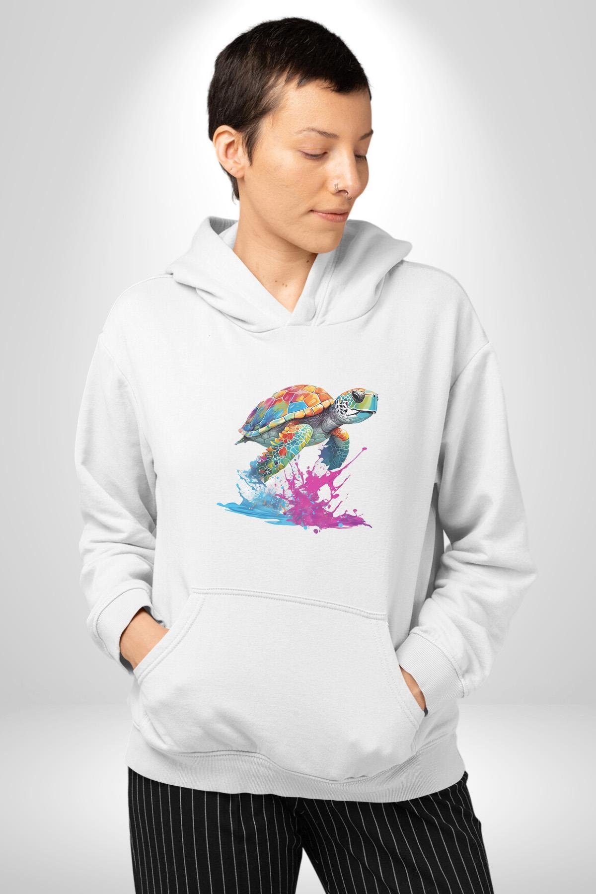Renkli Kaplumbağa Karetta Kareta Kadın Erkek Çocuk Beyaz Kapüşonlu Sweatshirt Hoodie