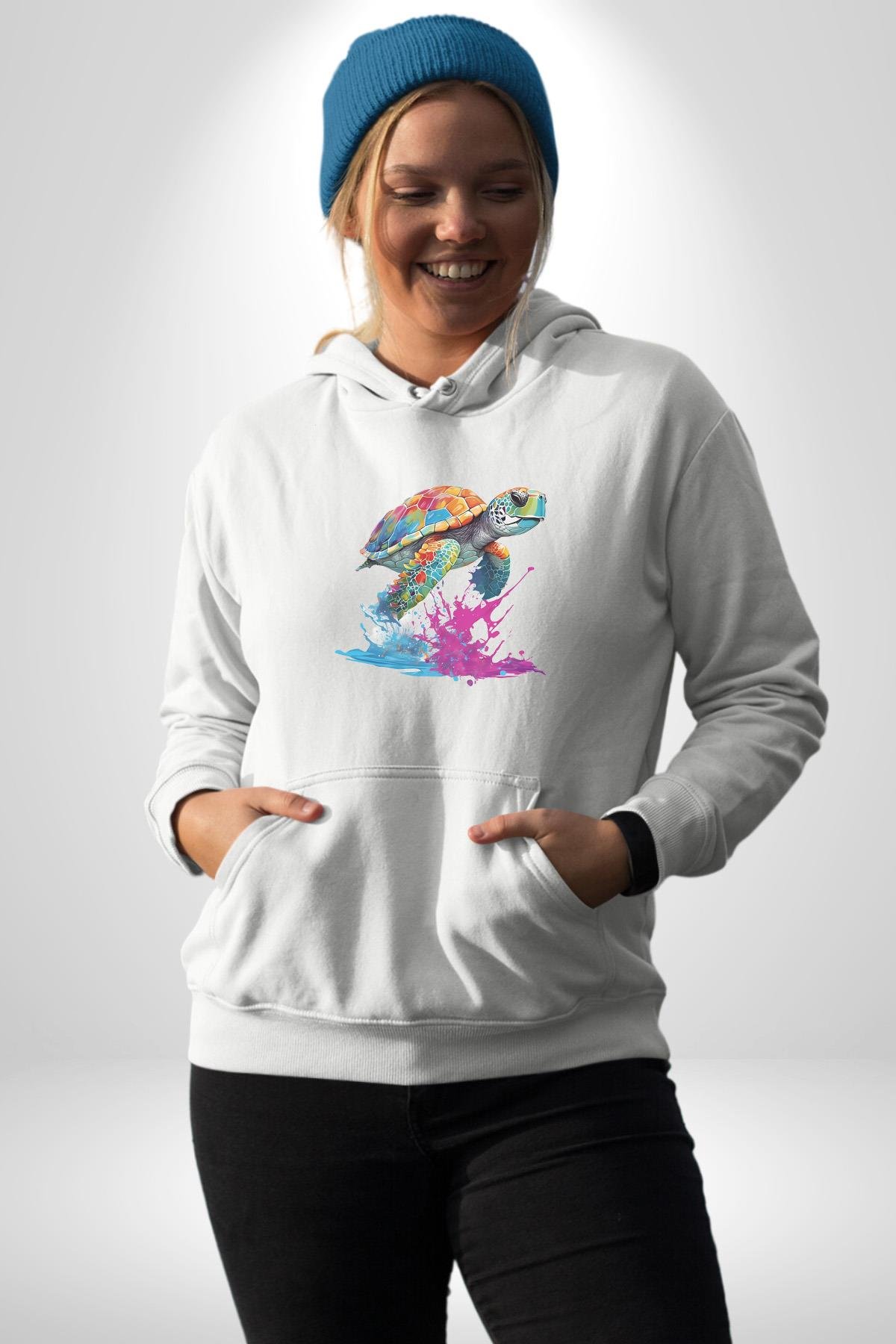 Renkli Kaplumbağa Karetta Kareta Kadın Erkek Çocuk Beyaz Kapüşonlu Sweatshirt Hoodie
