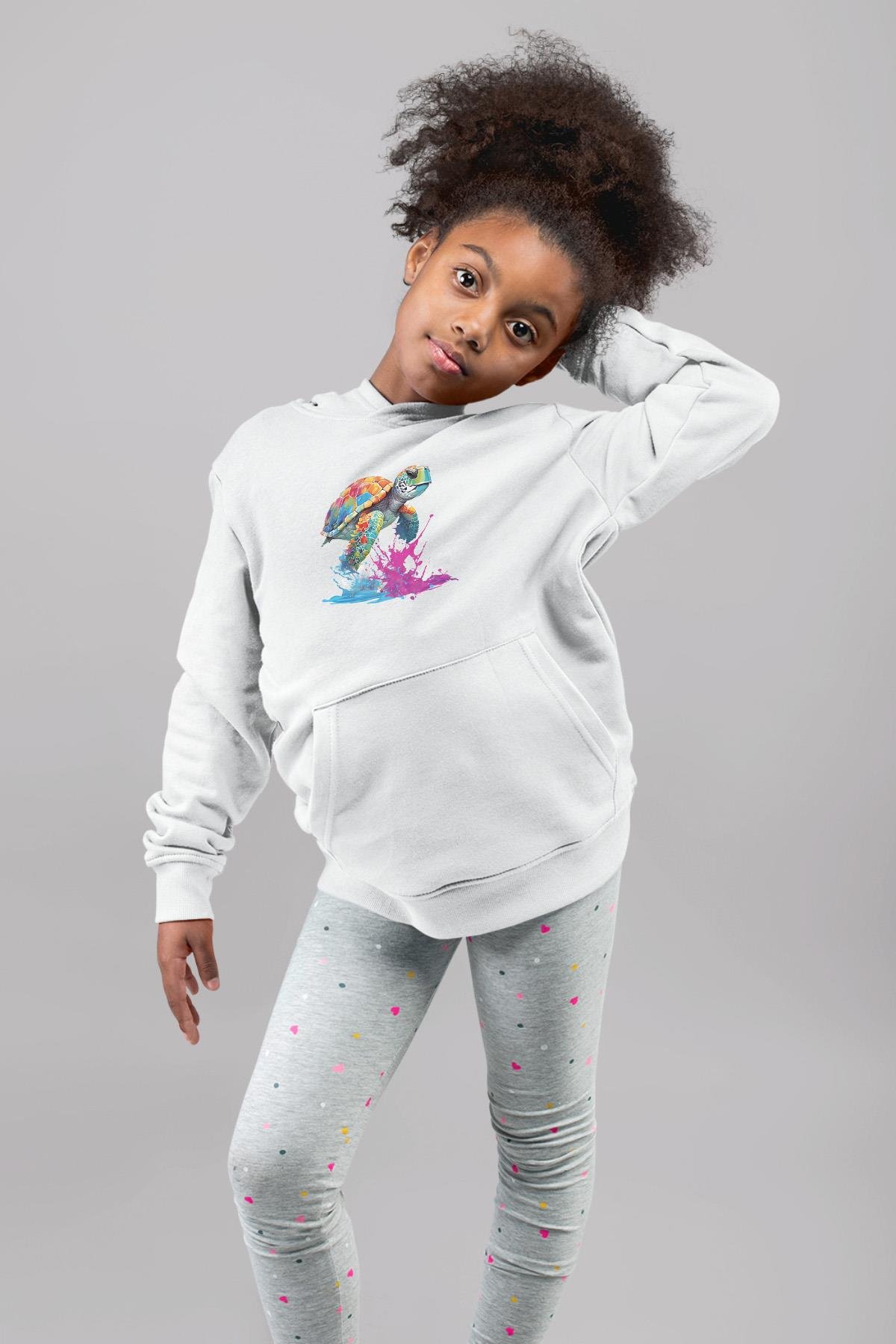 Renkli Kaplumbağa Karetta Kareta Kadın Erkek Çocuk Beyaz Kapüşonlu Sweatshirt Hoodie