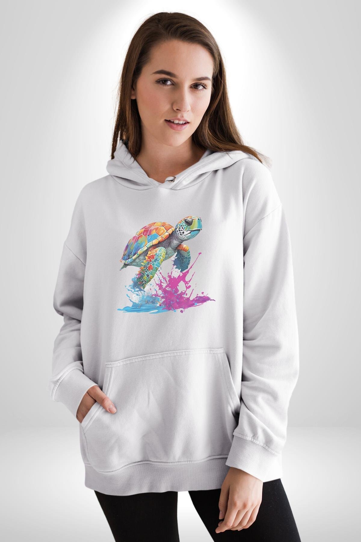 Renkli Kaplumbağa Karetta Kareta Kadın Erkek Çocuk Beyaz Kapüşonlu Sweatshirt Hoodie