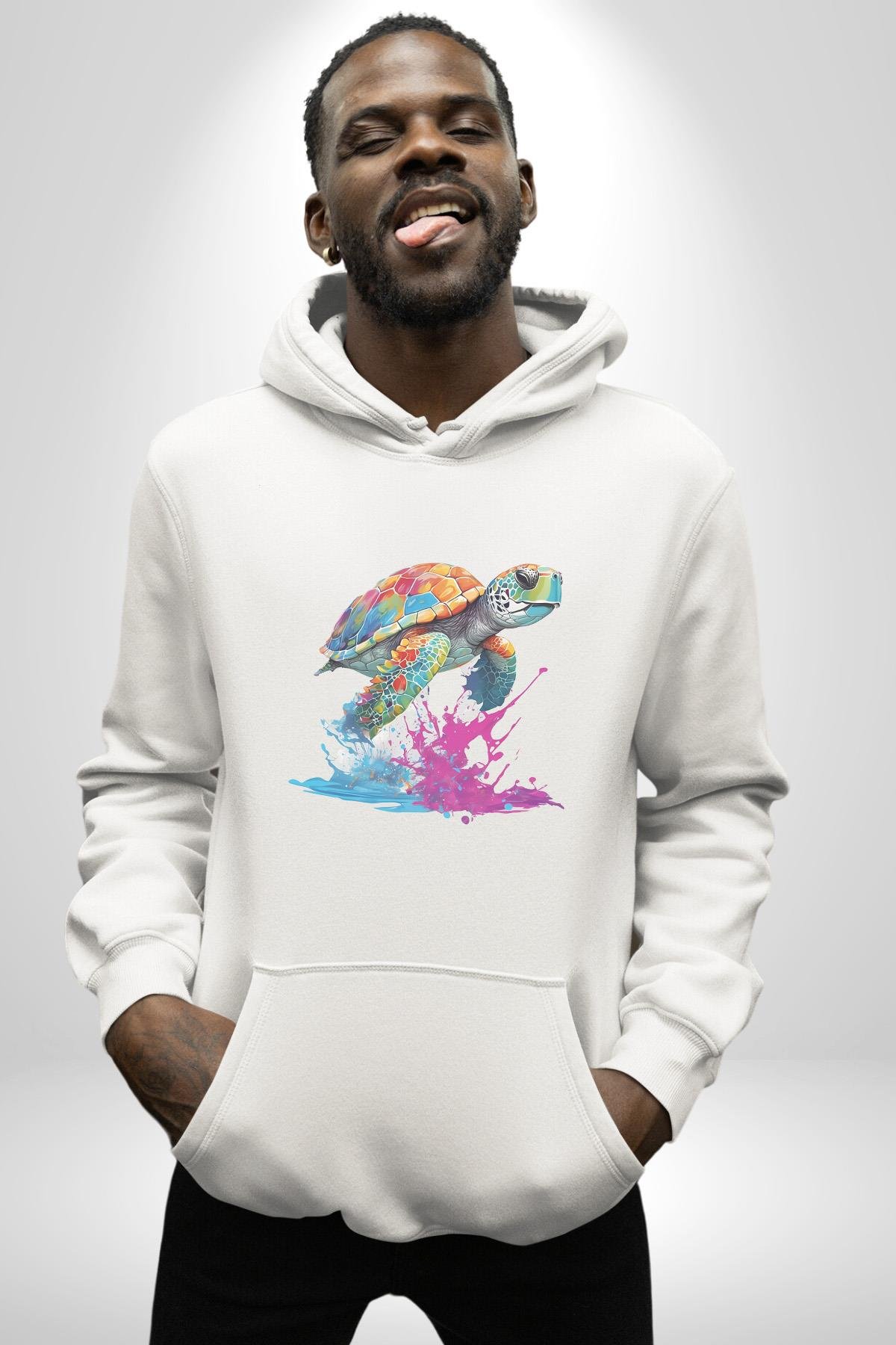 Renkli Kaplumbağa Karetta Kareta Kadın Erkek Çocuk Beyaz Kapüşonlu Sweatshirt Hoodie