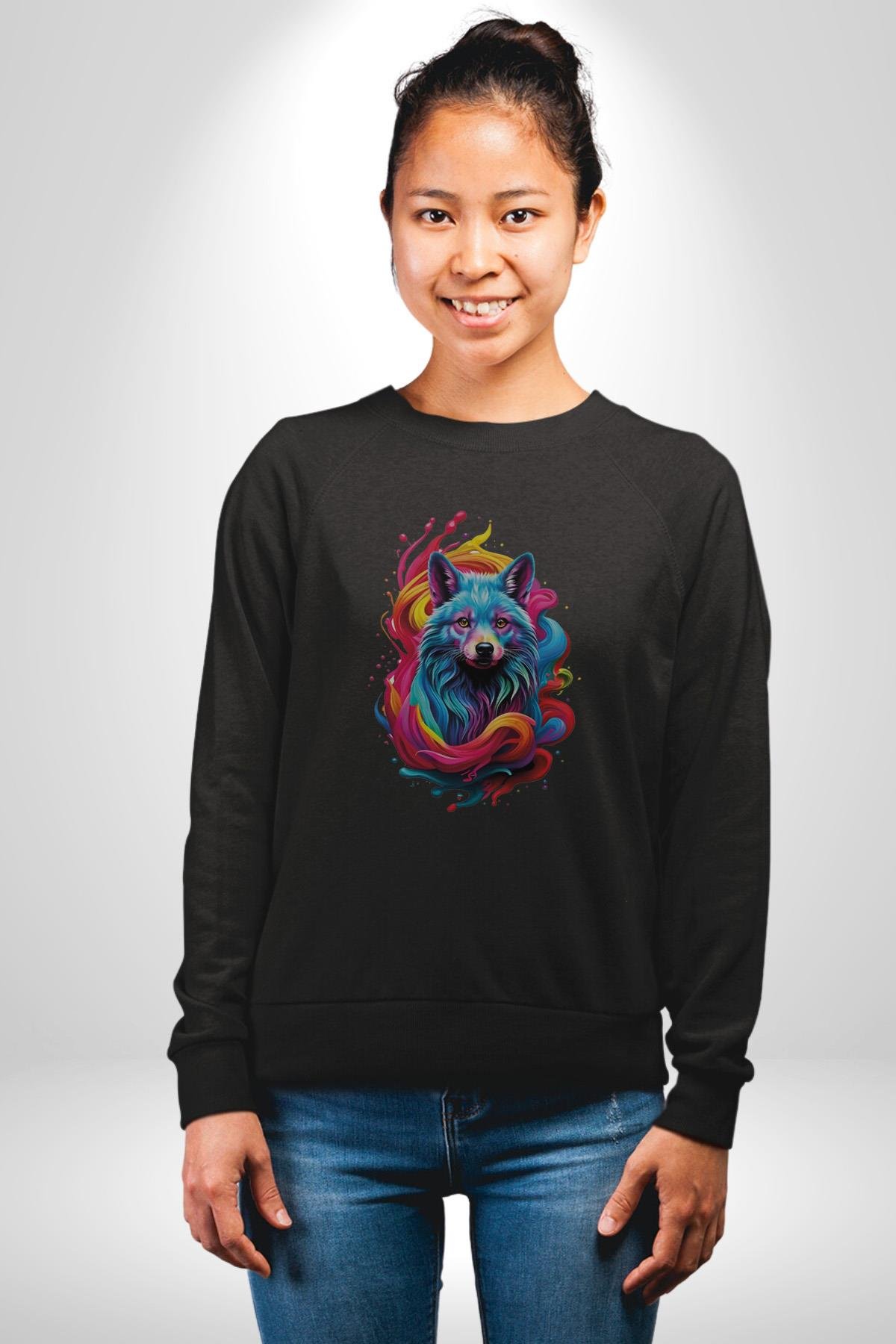 Renkli Kurt Kadın Erkek Çocuk Siyah Baskılı Sweatshirt 