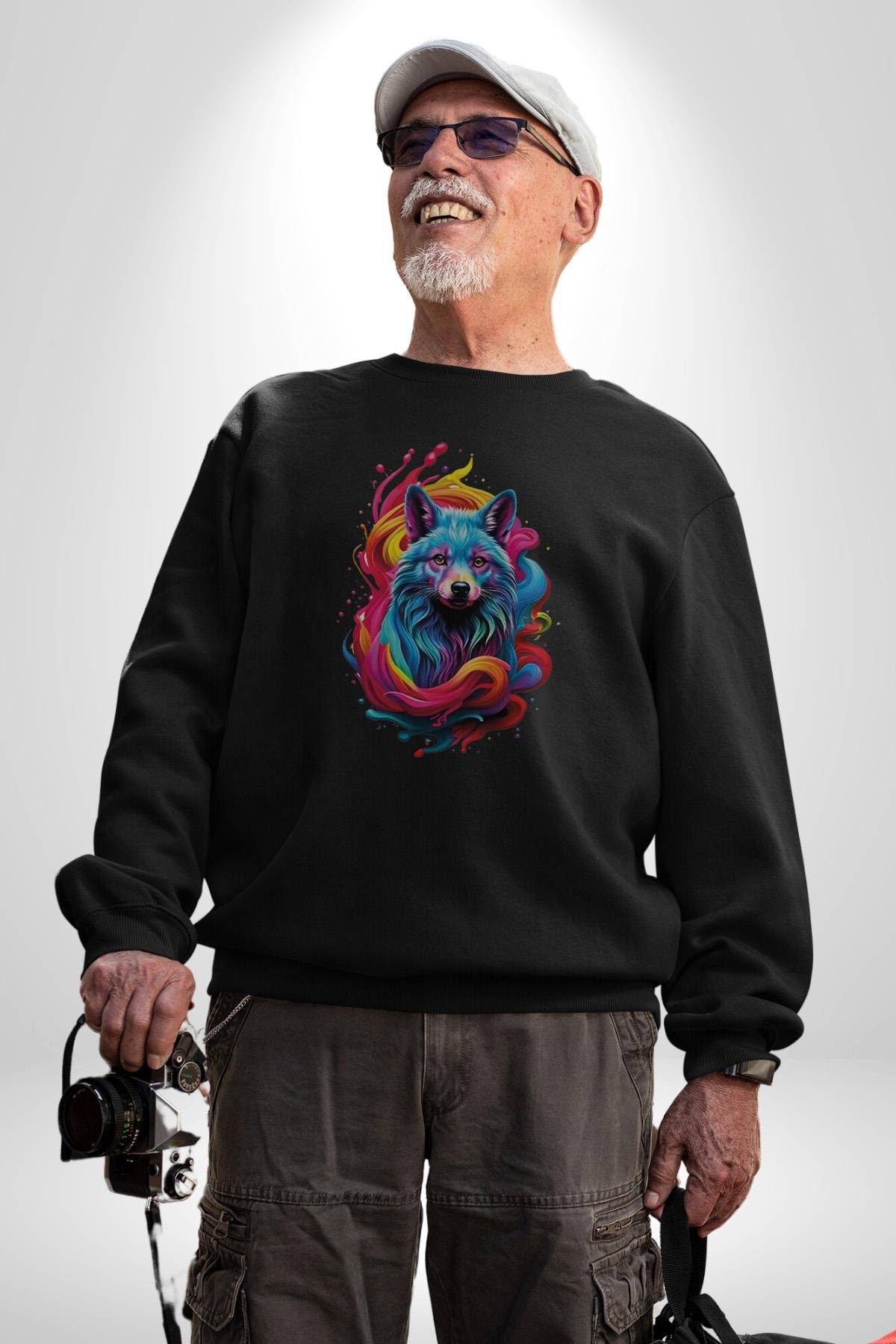 Renkli Kurt Kadın Erkek Çocuk Siyah Baskılı Sweatshirt 