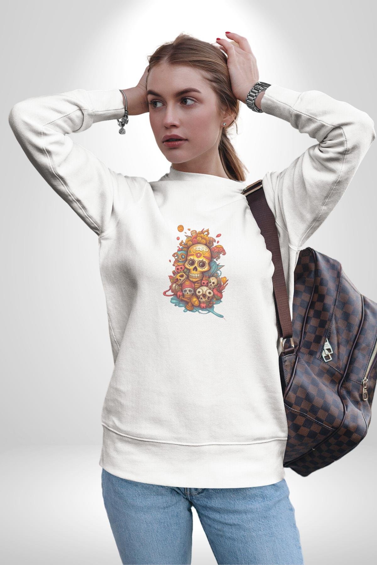 Renkli Kurukafa Hippi  Kadın Erkek Çocuk Beyaz Baskılı Sweatshirt 