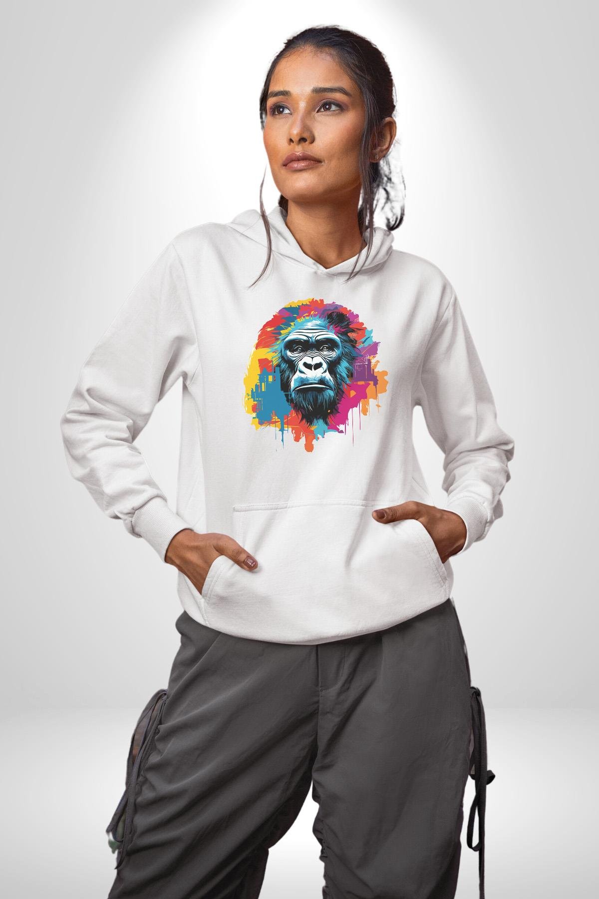 Renkli Maymun Goril Kadın Erkek Çocuk Beyaz Kapüşonlu Sweatshirt Hoodie