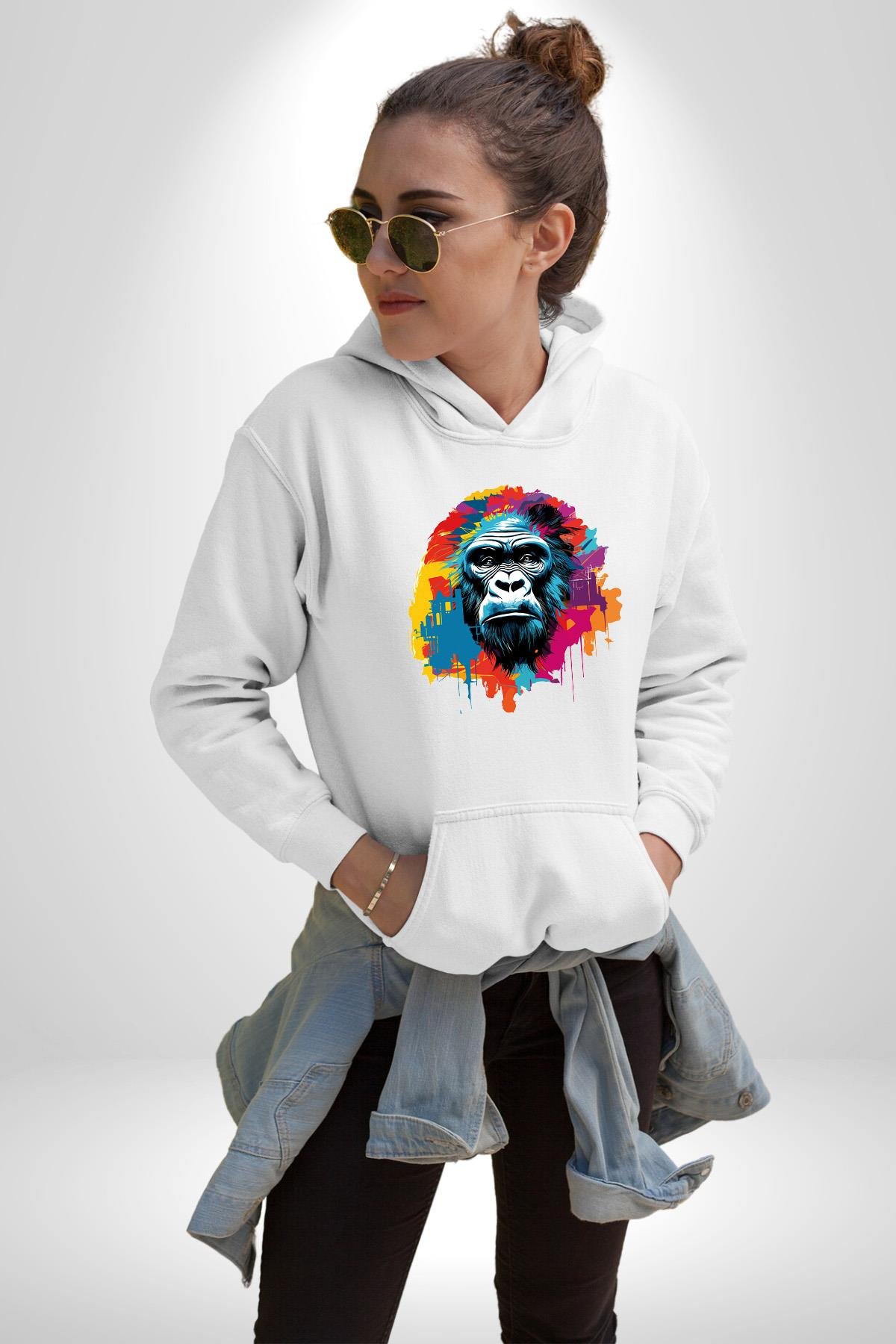 Renkli Maymun Goril Kadın Erkek Çocuk Beyaz Kapüşonlu Sweatshirt Hoodie
