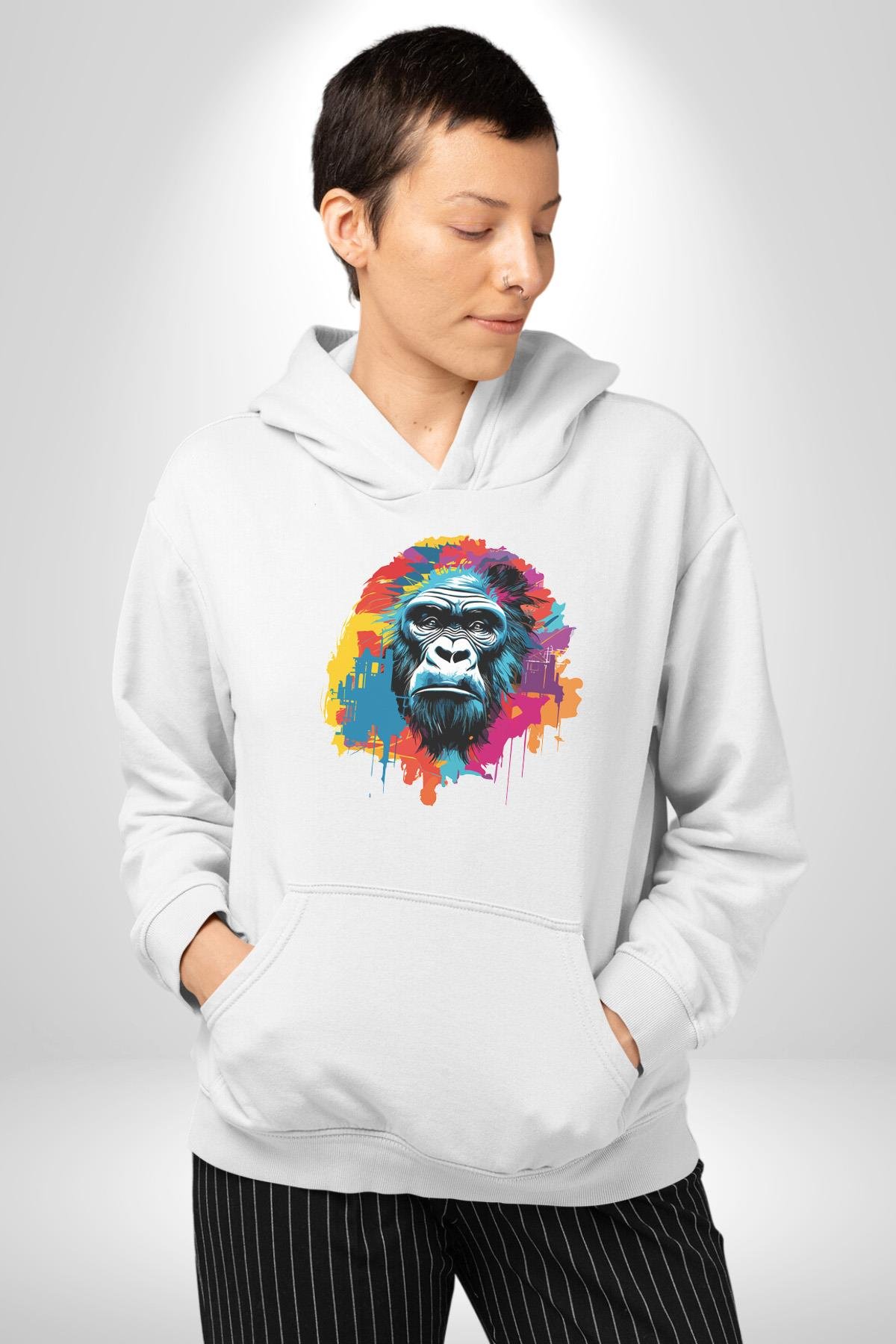 Renkli Maymun Goril Kadın Erkek Çocuk Beyaz Kapüşonlu Sweatshirt Hoodie