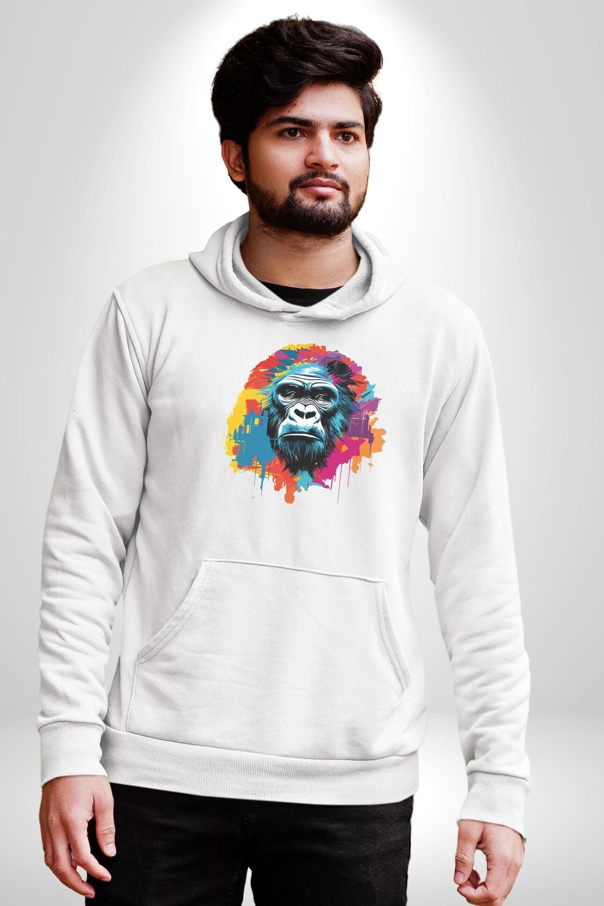 Renkli Maymun Goril Kadın Erkek Çocuk Beyaz Kapüşonlu Sweatshirt Hoodie