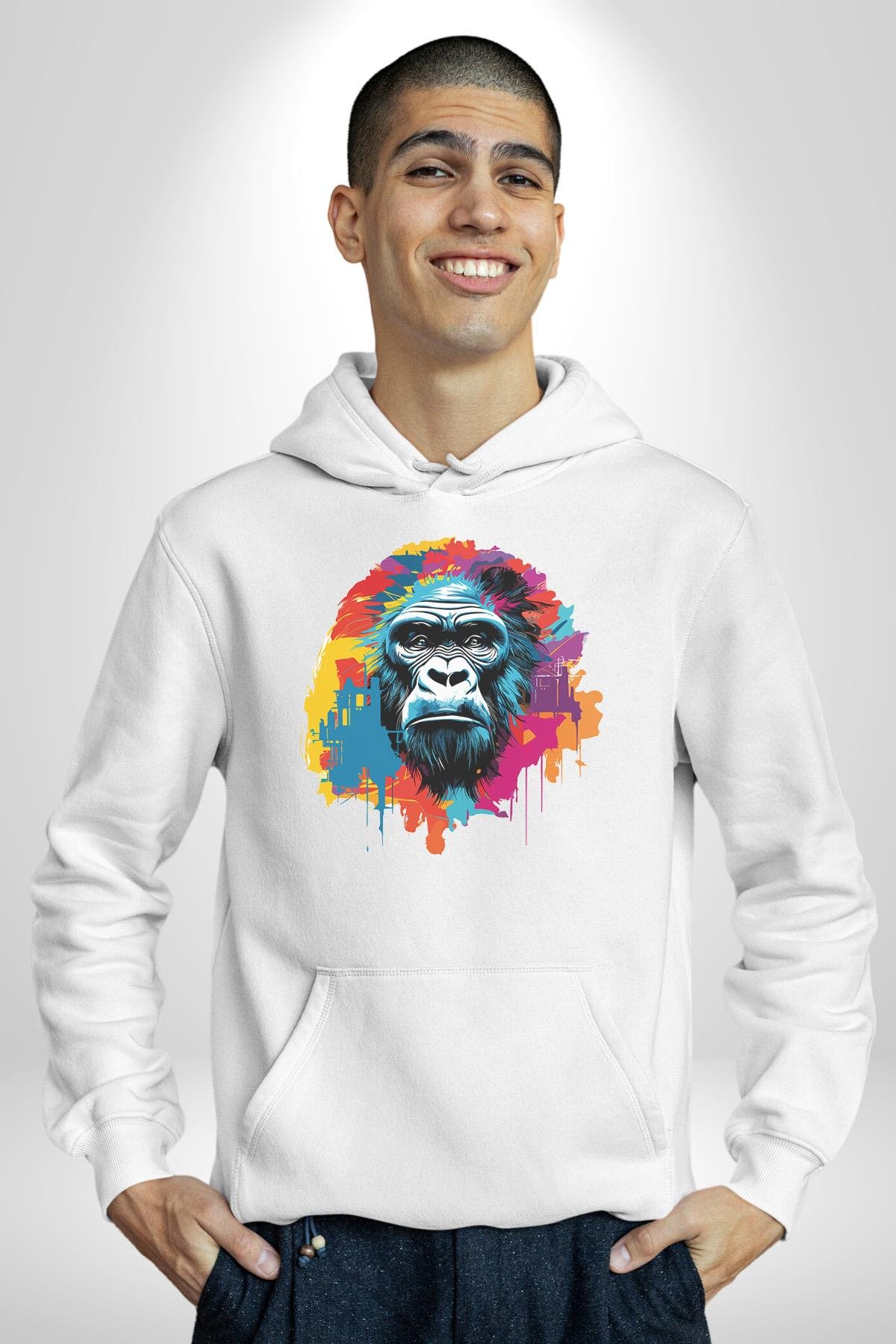 Renkli Maymun Goril Kadın Erkek Çocuk Beyaz Kapüşonlu Sweatshirt Hoodie