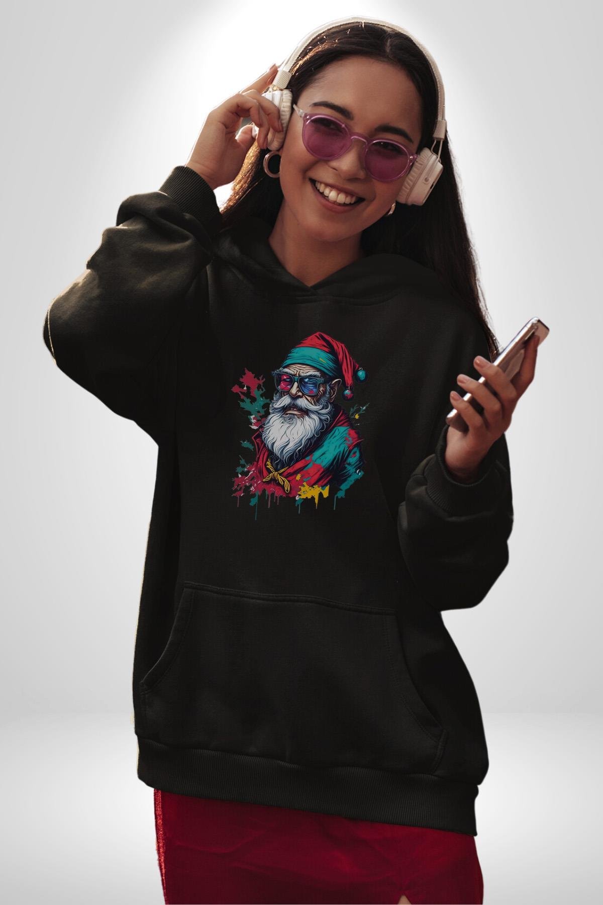 Renkli Noel Baba Yeni Nesil Gözlüklü Kadın Erkek Çocuk Siyah Kapüşonlu Sweatshirt Hoodie