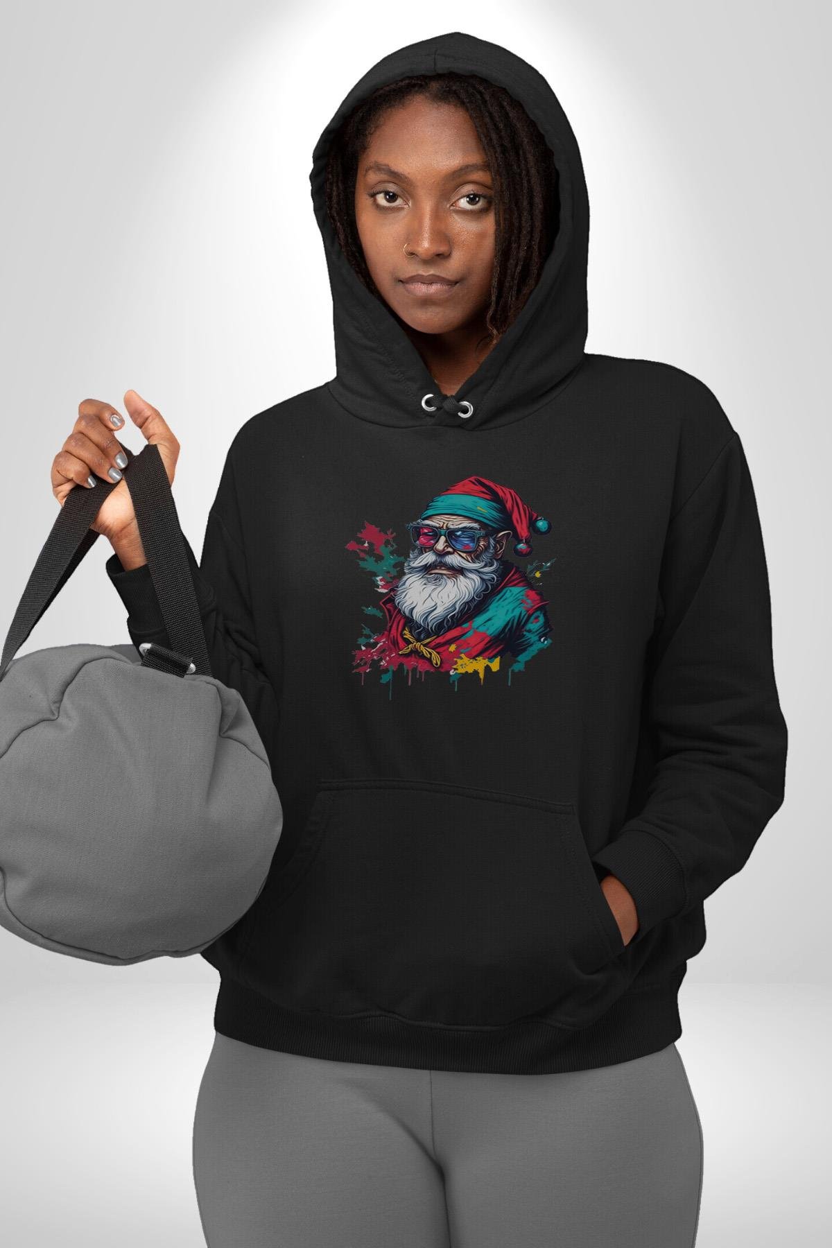 Renkli Noel Baba Yeni Nesil Gözlüklü Kadın Erkek Çocuk Siyah Kapüşonlu Sweatshirt Hoodie