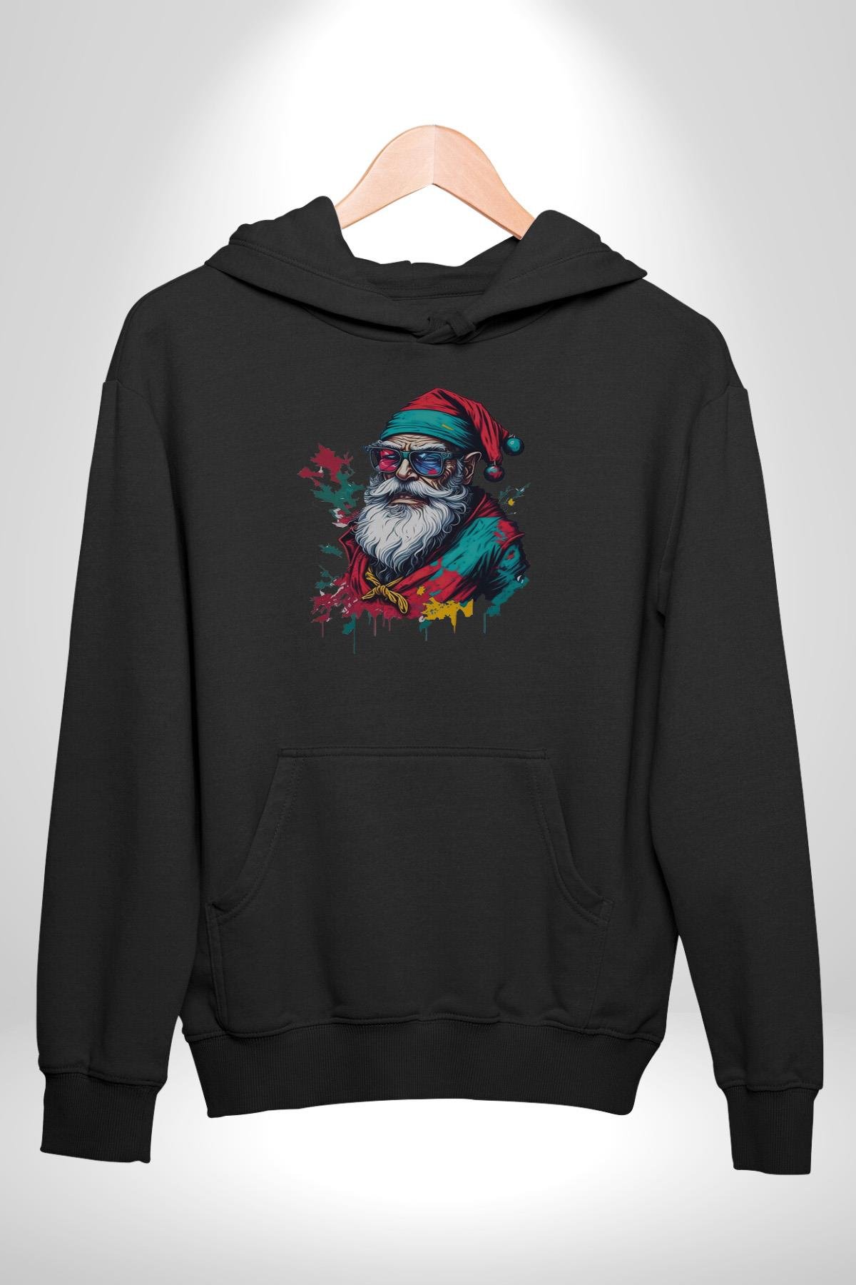 Renkli Noel Baba Yeni Nesil Gözlüklü Kadın Erkek Çocuk Siyah Kapüşonlu Sweatshirt Hoodie