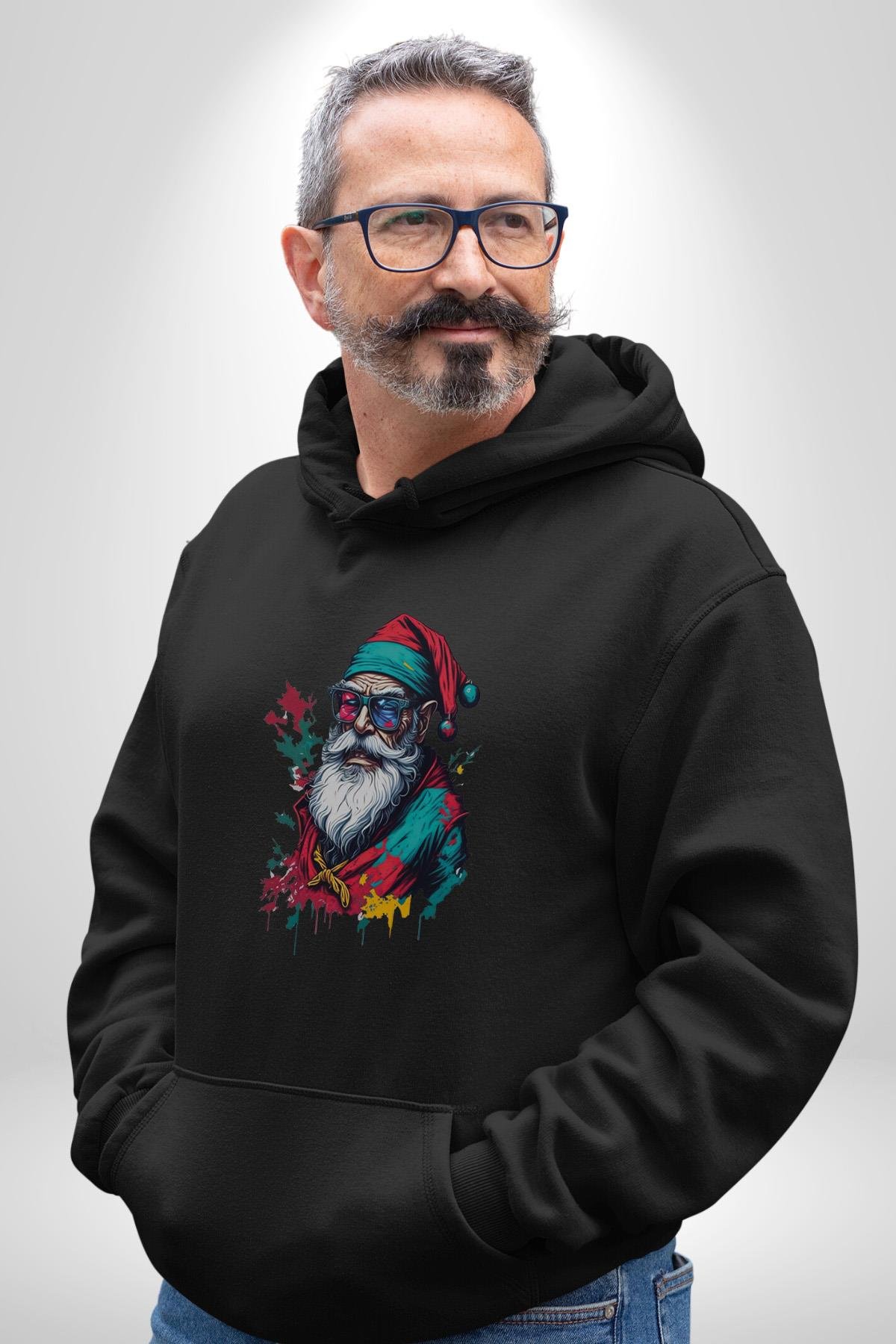 Renkli Noel Baba Yeni Nesil Gözlüklü Kadın Erkek Çocuk Siyah Kapüşonlu Sweatshirt Hoodie