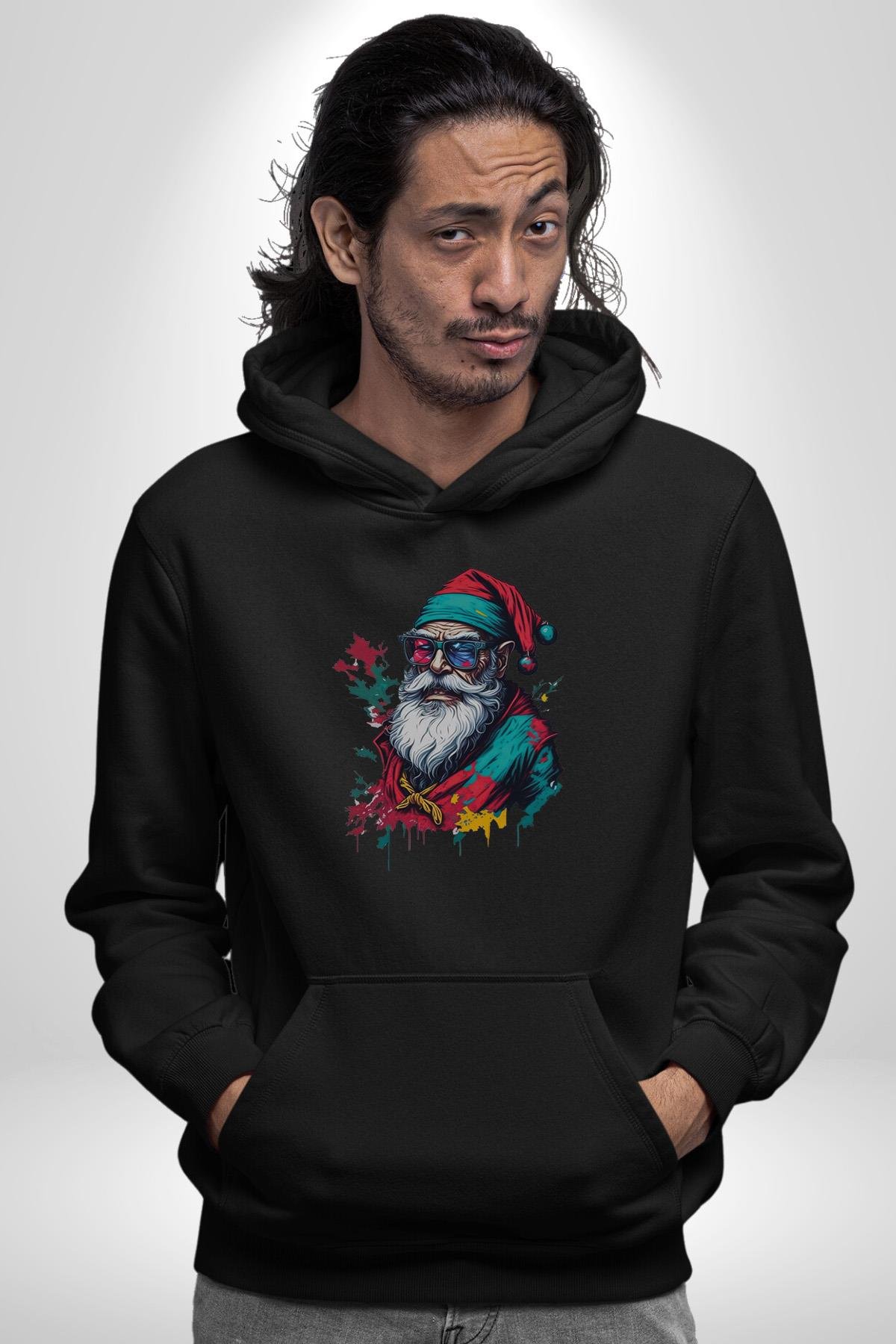 Renkli Noel Baba Yeni Nesil Gözlüklü Kadın Erkek Çocuk Siyah Kapüşonlu Sweatshirt Hoodie