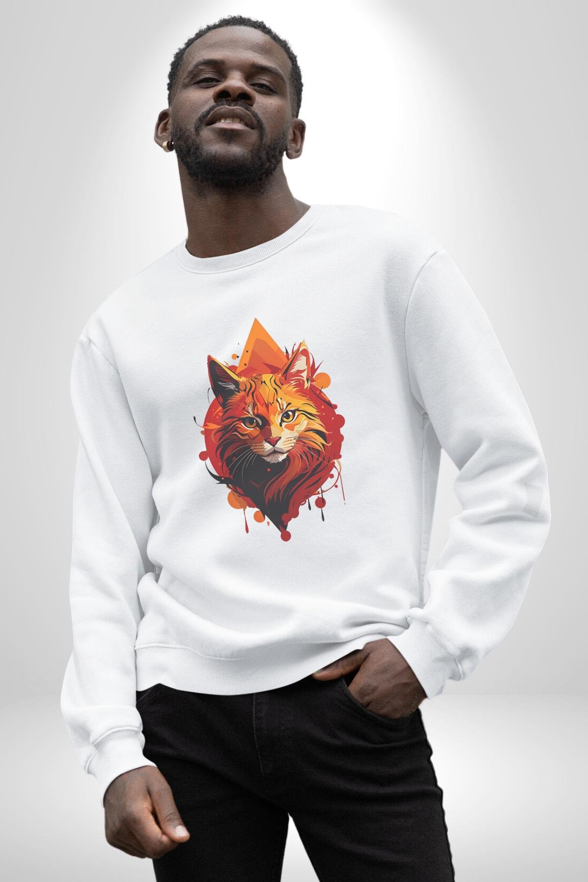 Renkli Sarı Kırmızı Kedi  Kadın Erkek Çocuk Beyaz Baskılı Sweatshirt 