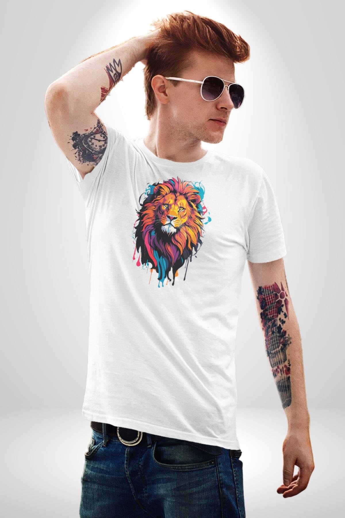 Renkli Yağlı Boya Aslan Kadın Erkek Unisex Beyaz Organik Baskılı T-Shirt