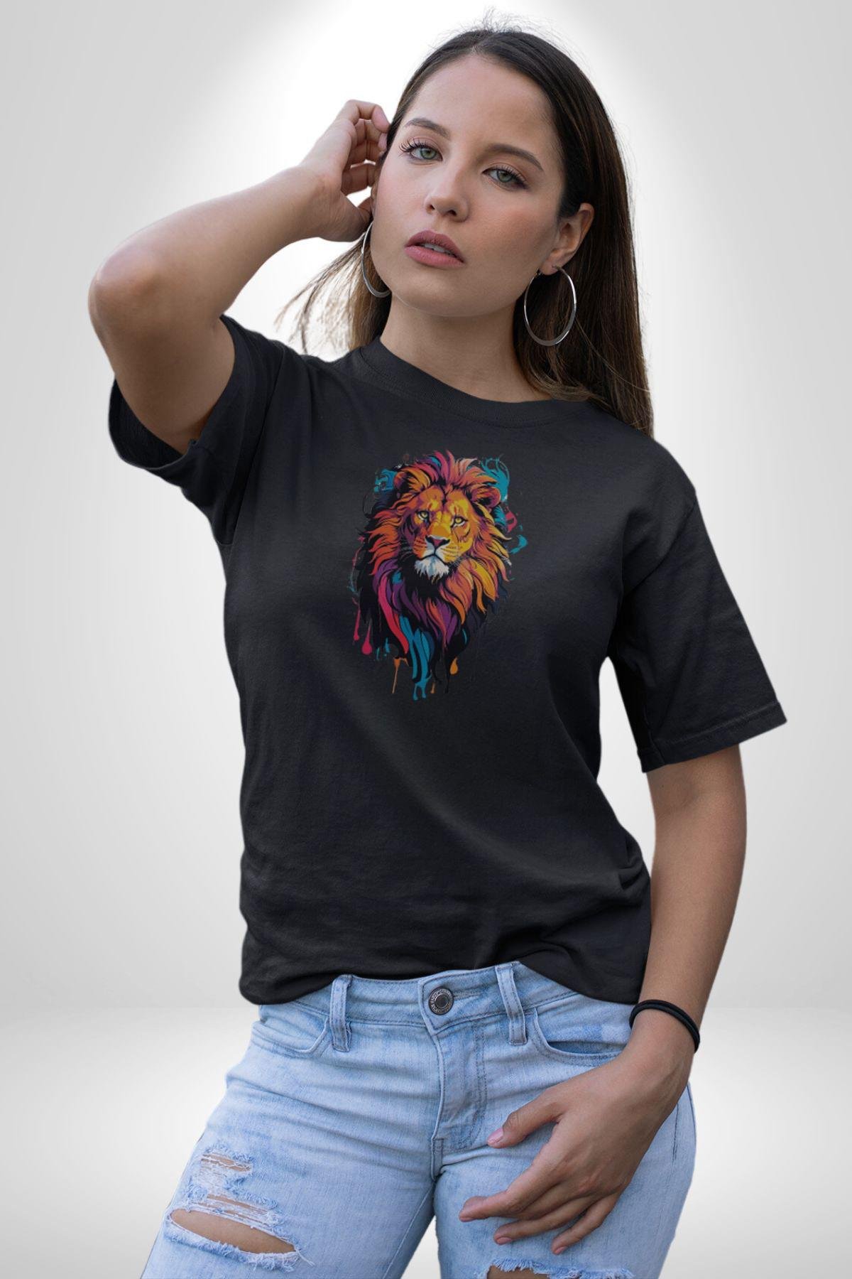 Renkli Yağlı Boya Aslan Kadın Erkek Unisex Siyah Organik Baskılı T-Shirt