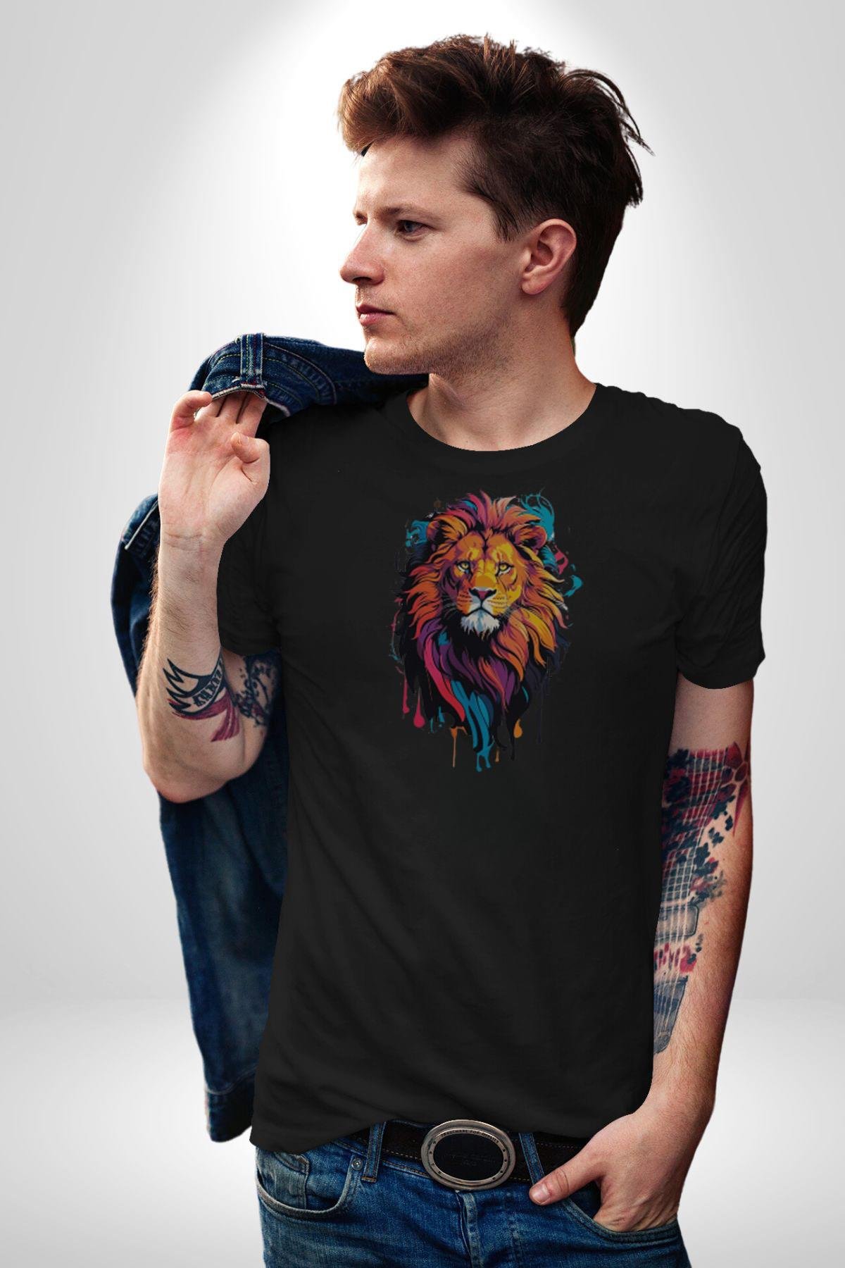 Renkli Yağlı Boya Aslan Kadın Erkek Unisex Siyah Organik Baskılı T-Shirt