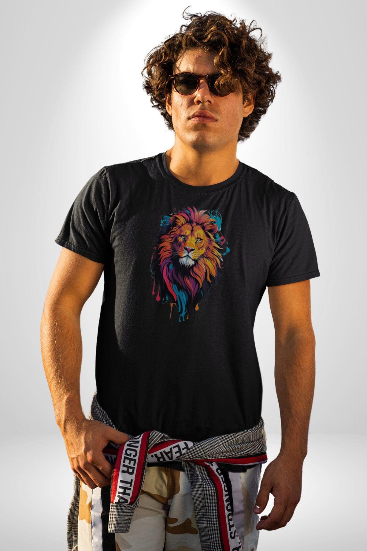 Renkli Yağlı Boya Aslan Kadın Erkek Unisex Siyah Organik Baskılı T-Shirt