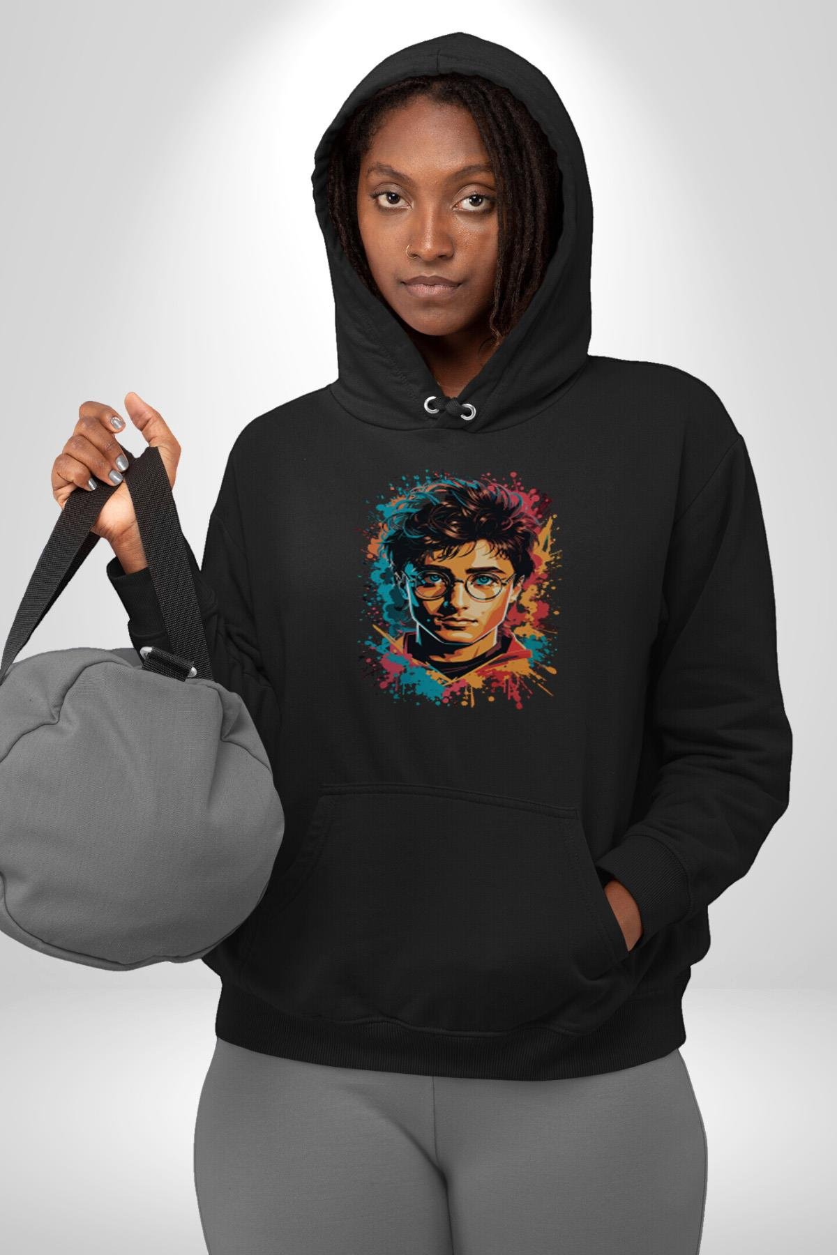 Renkli Yağlı Boya Harry Potter Kadın Erkek Çocuk Siyah Kapüşonlu Sweatshirt Hoodie