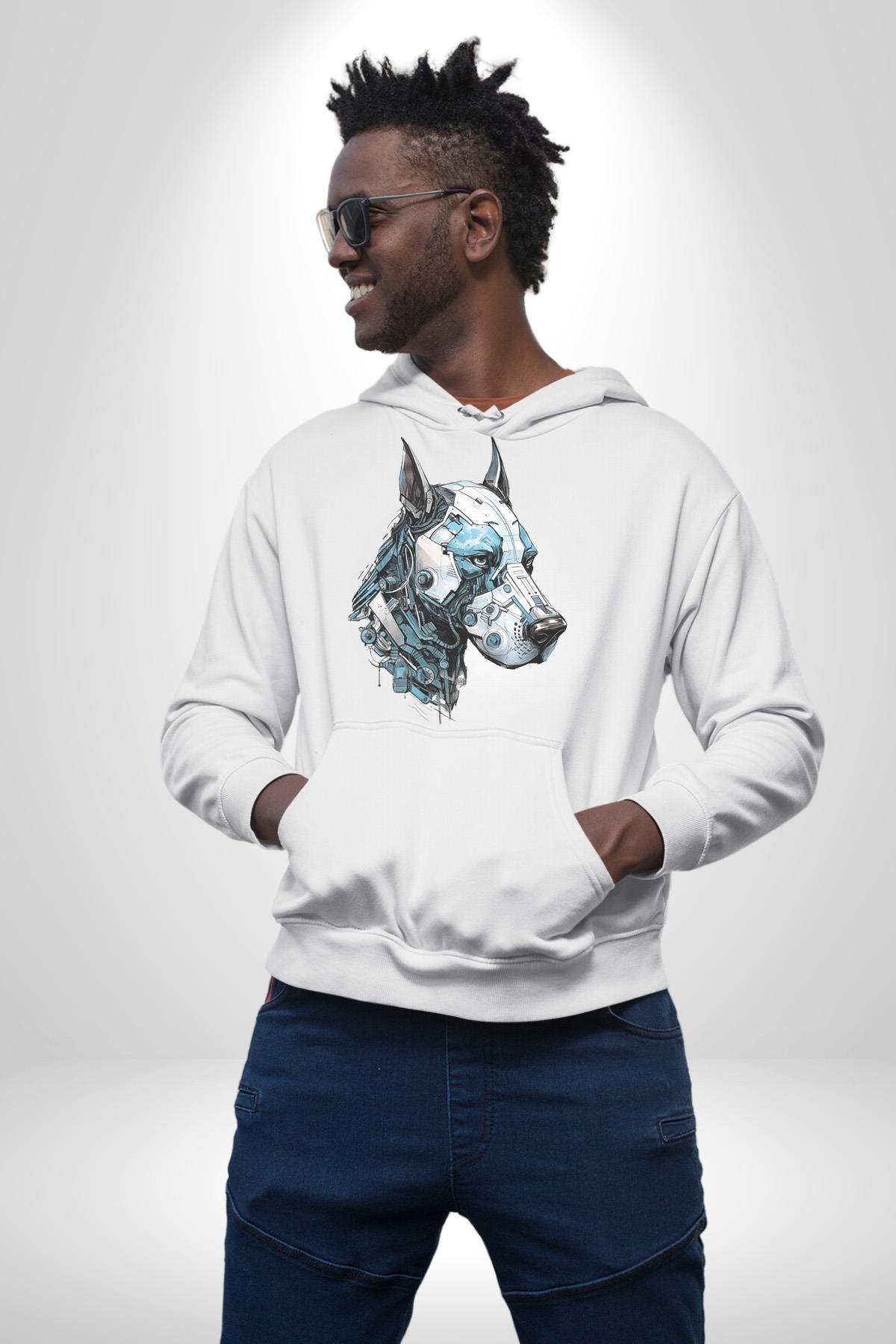 Robot Cyborg Köpek Doberman  Kadın Erkek Çocuk Beyaz Kapüşonlu Sweatshirt Hoodie