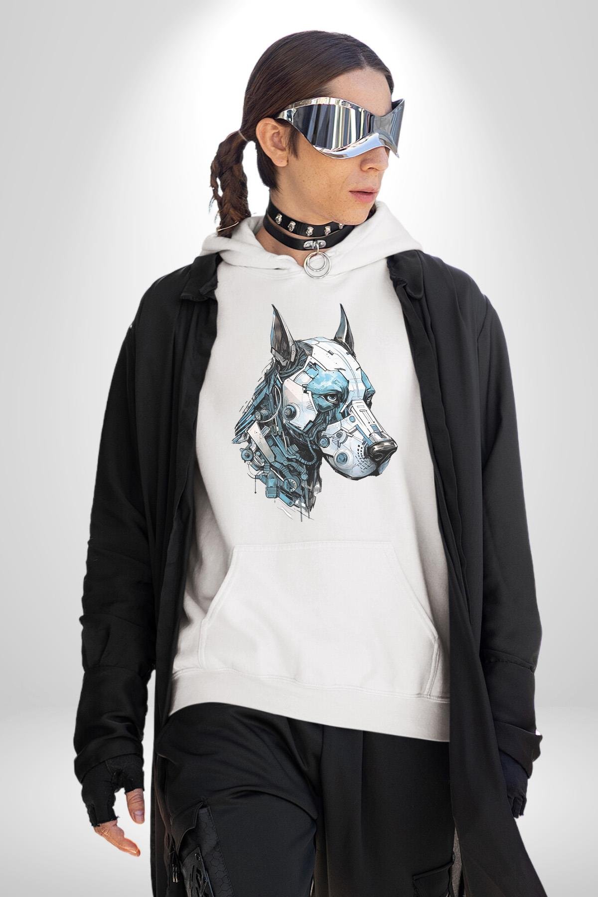 Robot Cyborg Köpek Doberman  Kadın Erkek Çocuk Beyaz Kapüşonlu Sweatshirt Hoodie