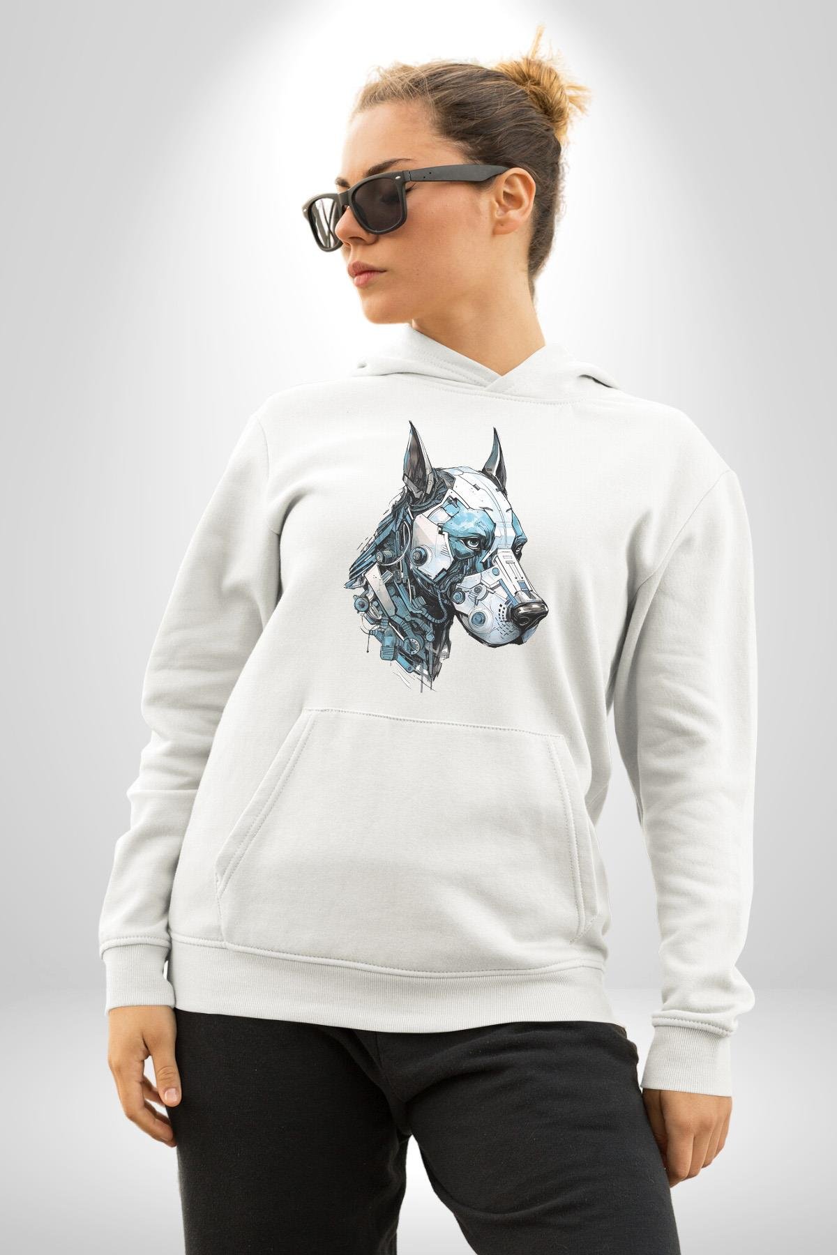 Robot Cyborg Köpek Doberman  Kadın Erkek Çocuk Beyaz Kapüşonlu Sweatshirt Hoodie