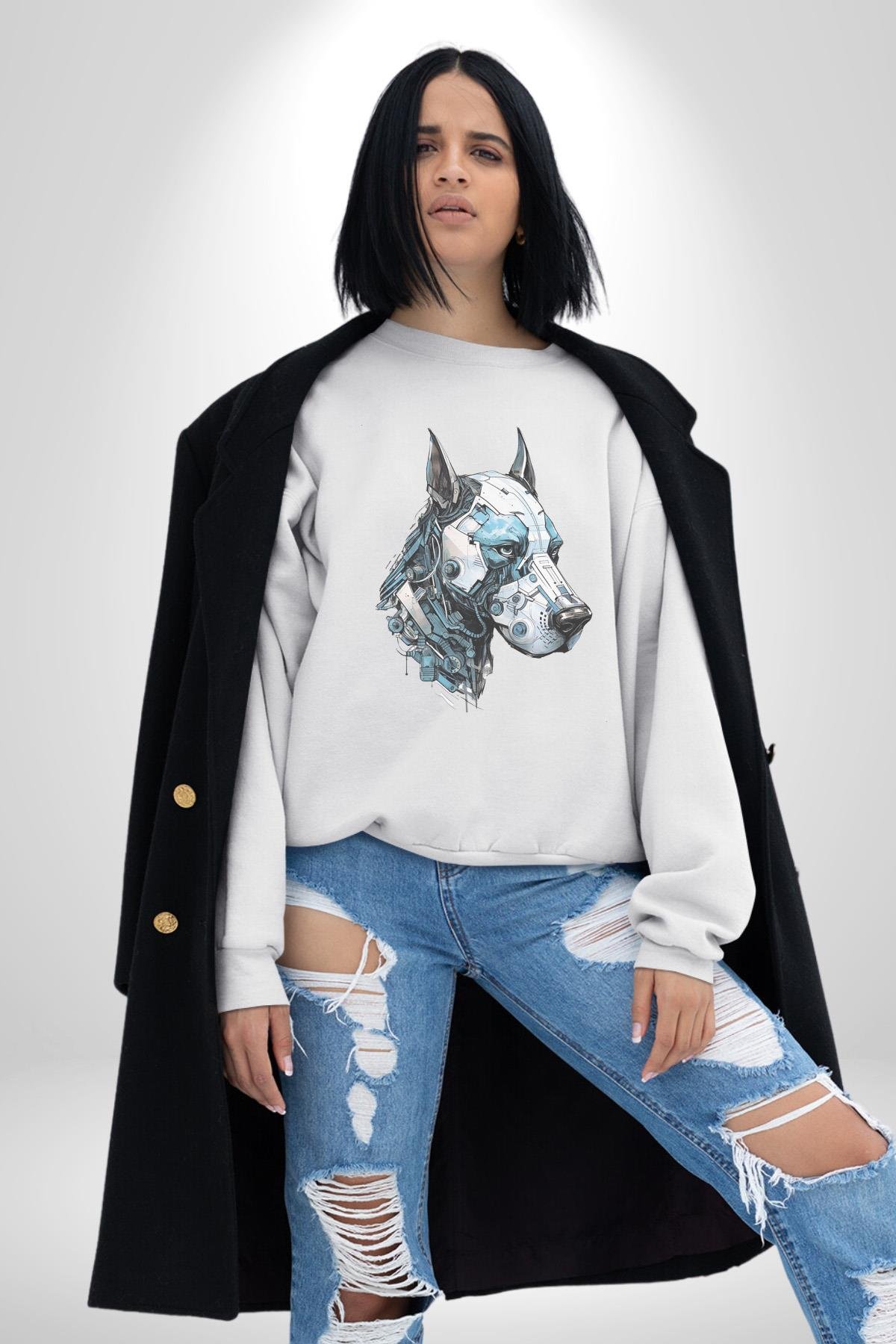 Robot Cyborg Köpek Doberman  Kadın Erkek  Beyaz Baskılı Sweatshirt 