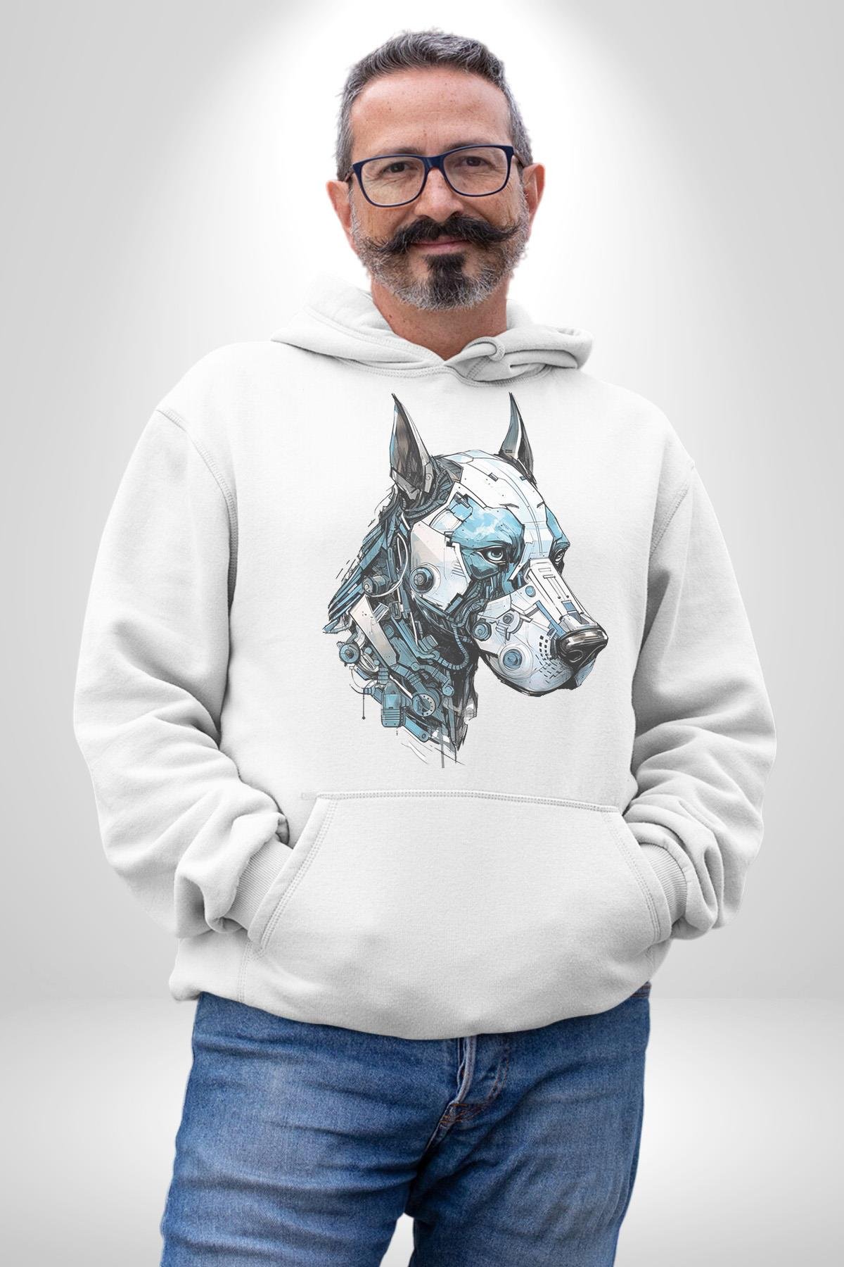 Robot Cyborg Köpek Doberman  Kadın Erkek Çocuk Beyaz Kapüşonlu Sweatshirt Hoodie