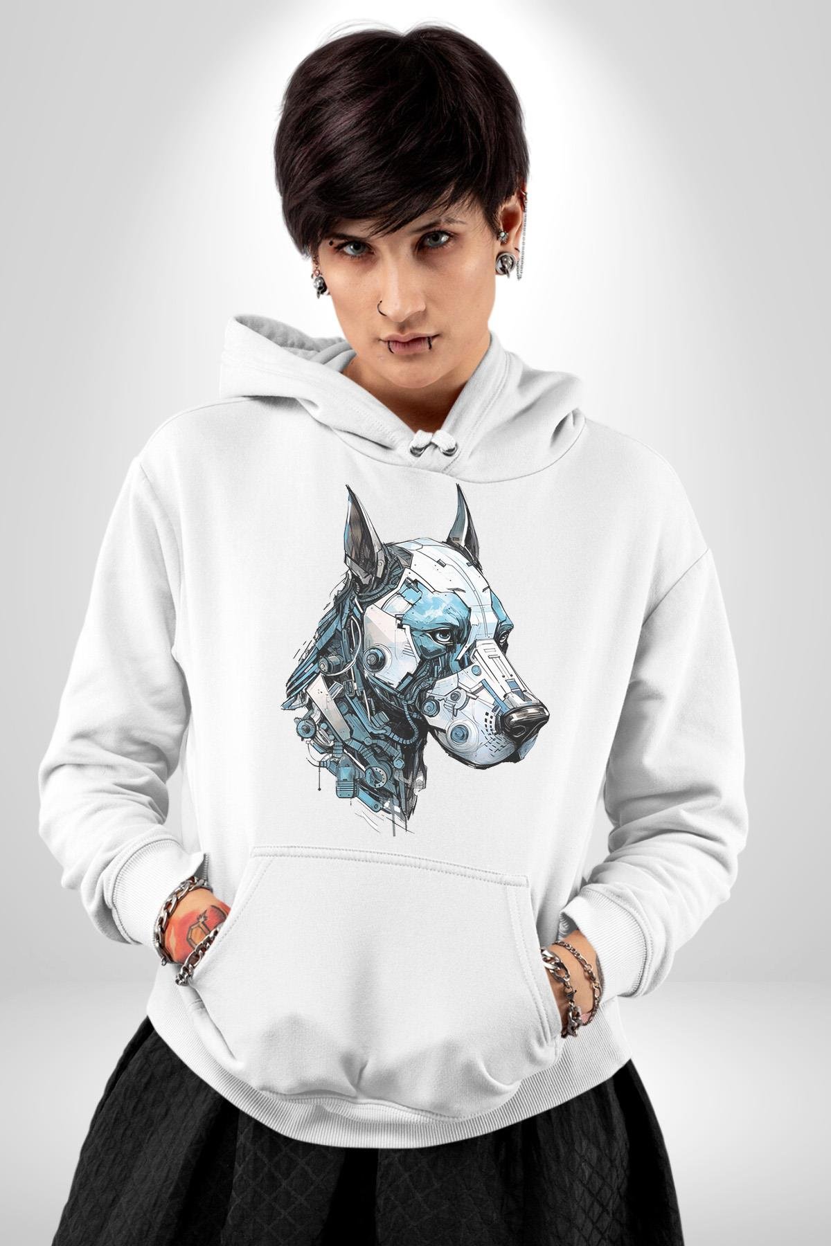 Robot Cyborg Köpek Doberman  Kadın Erkek Çocuk Beyaz Kapüşonlu Sweatshirt Hoodie