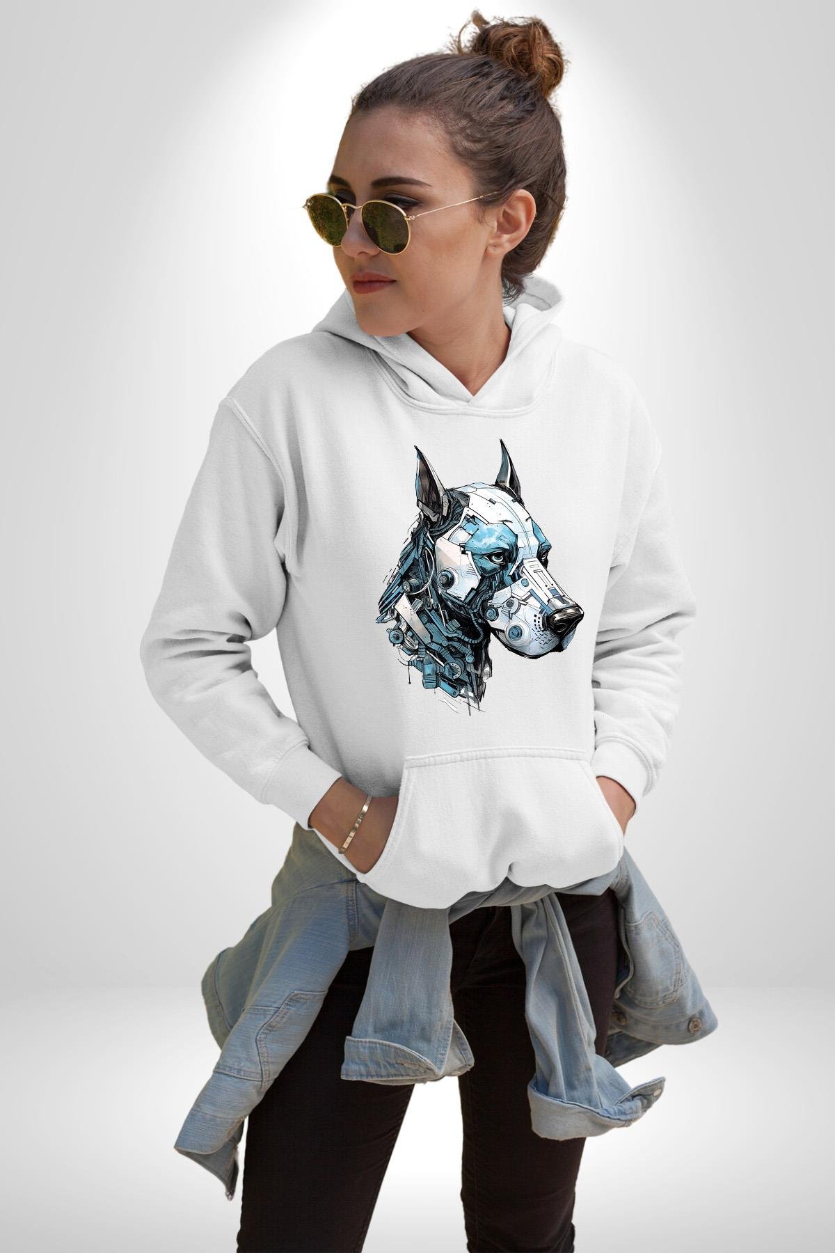 Robot Cyborg Köpek Doberman  Kadın Erkek Çocuk Beyaz Kapüşonlu Sweatshirt Hoodie