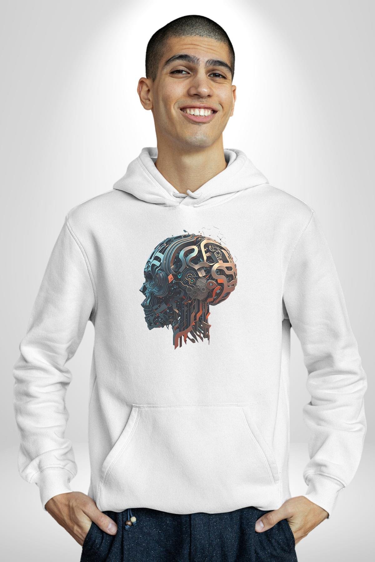 Robot Kafası Kız Kadın Erkek Çocuk Beyaz Kapüşonlu Sweatshirt Hoodie