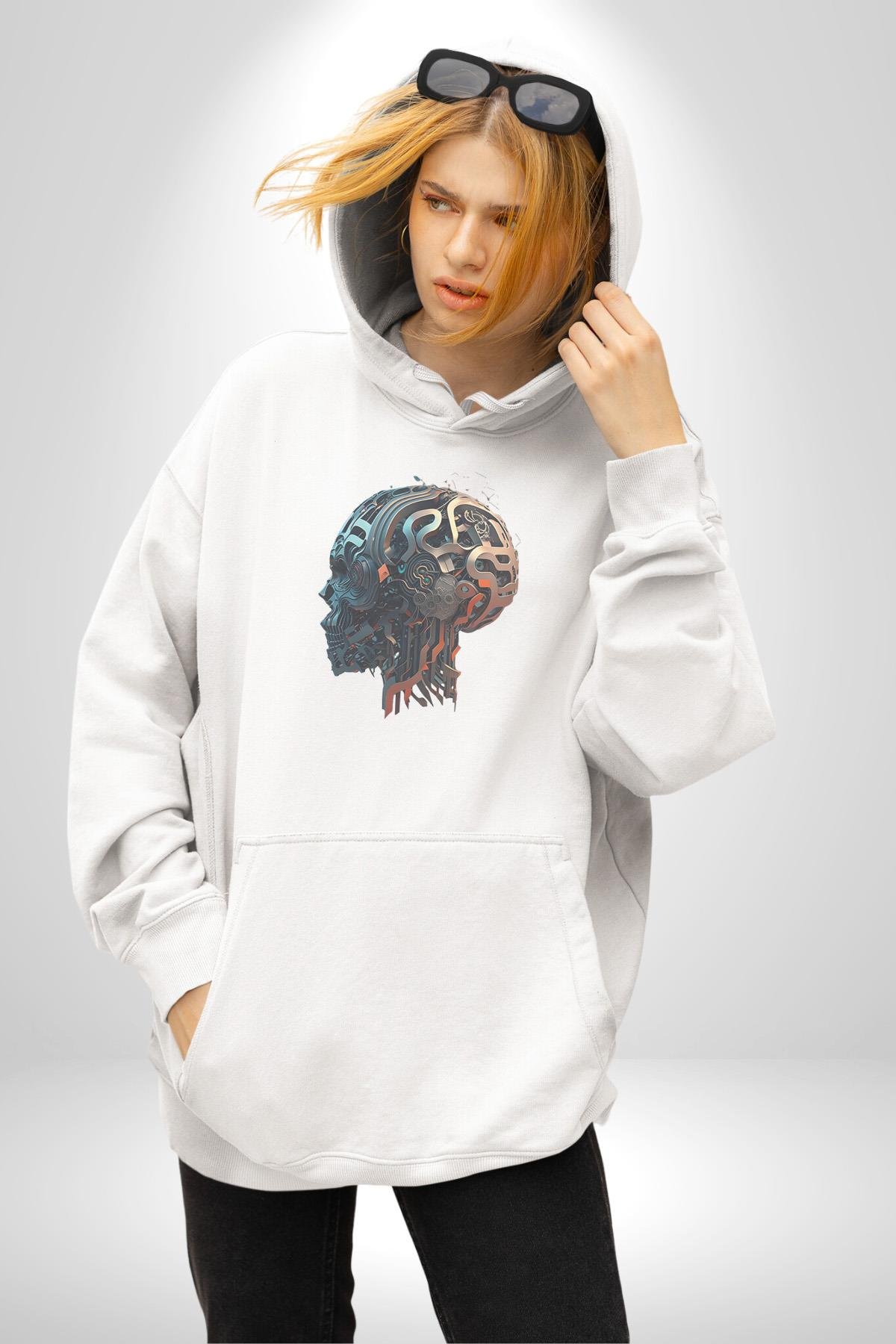 Robot Kafası Kız Kadın Erkek Çocuk Beyaz Kapüşonlu Sweatshirt Hoodie