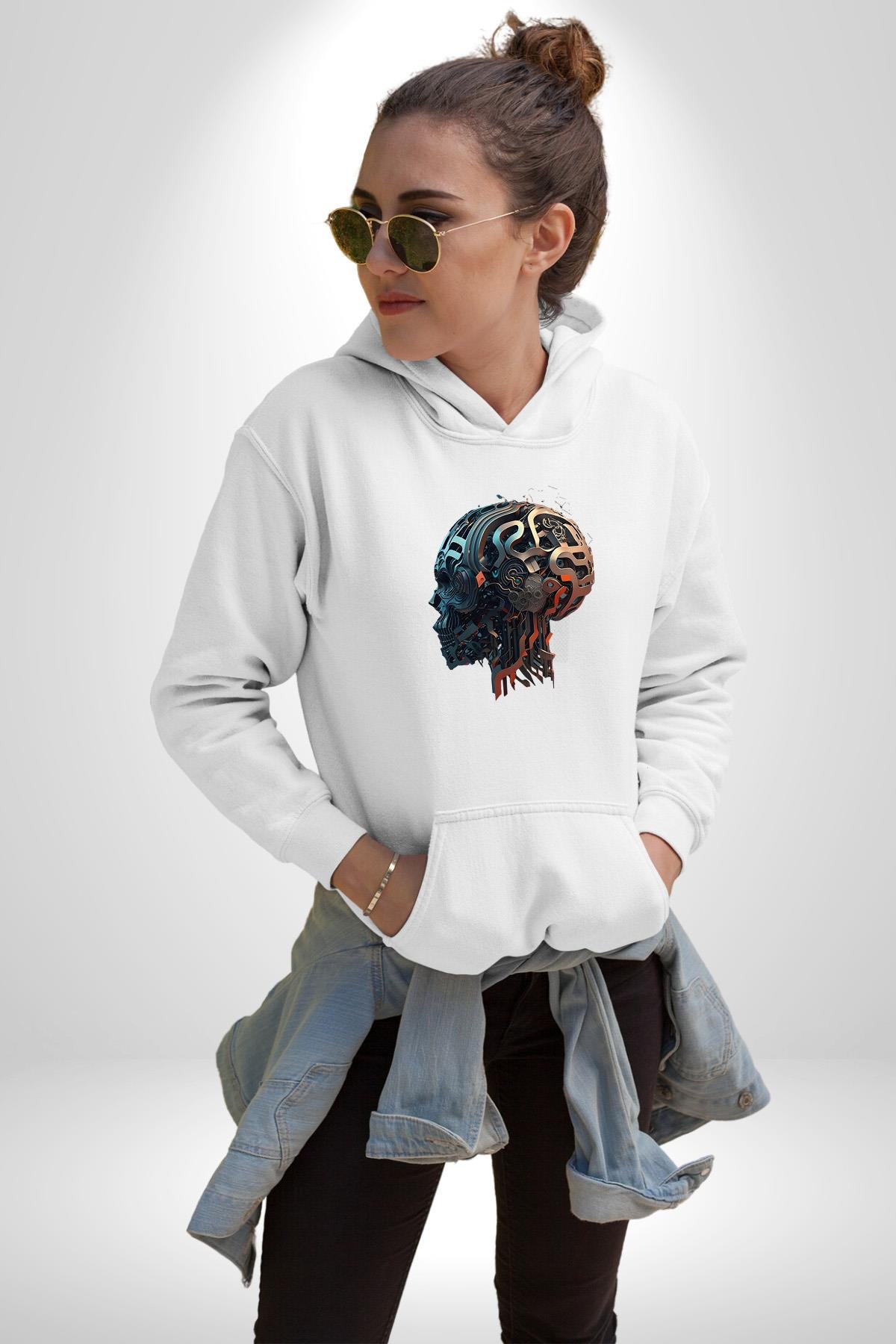 Robot Kafası Kız Kadın Erkek Çocuk Beyaz Kapüşonlu Sweatshirt Hoodie