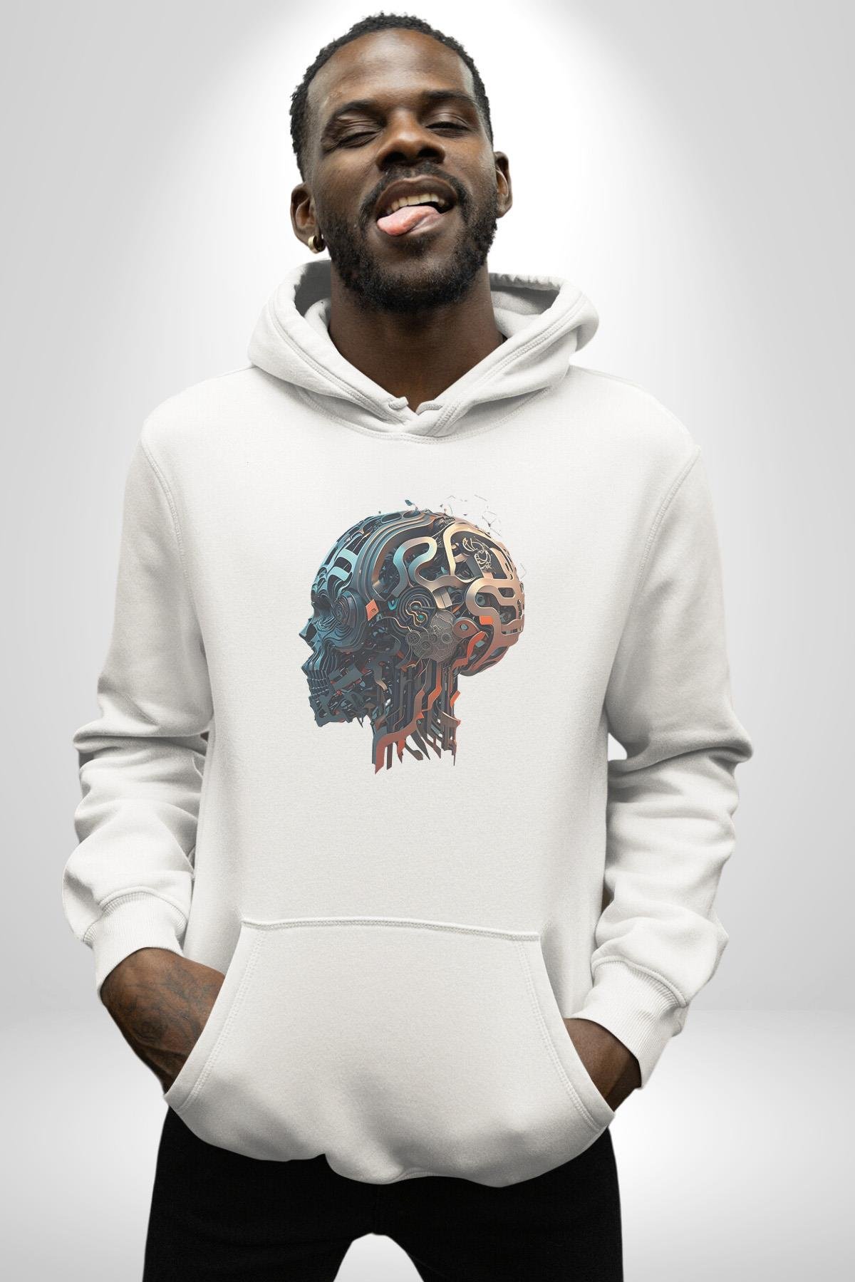 Robot Kafası Kız Kadın Erkek Çocuk Beyaz Kapüşonlu Sweatshirt Hoodie