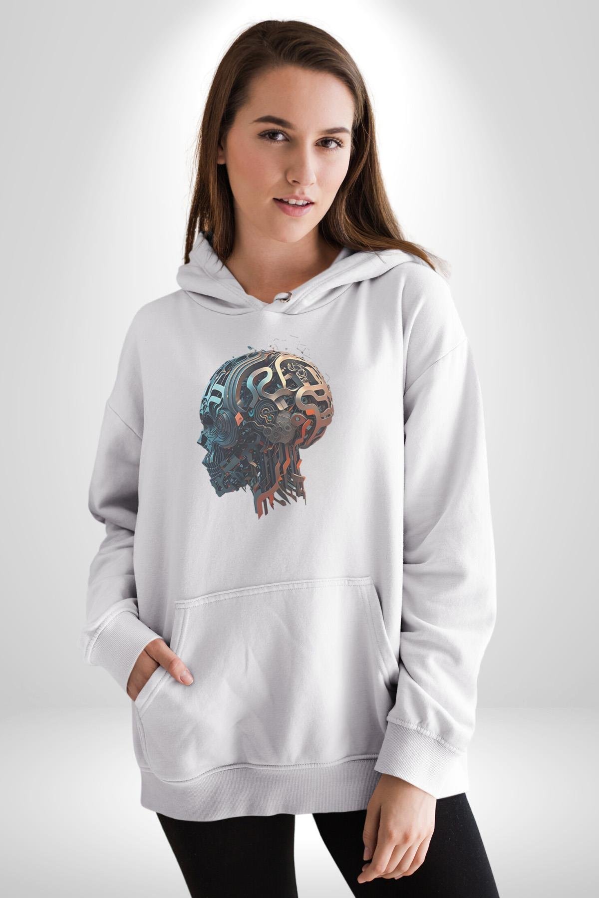 Robot Kafası Kız Kadın Erkek Çocuk Beyaz Kapüşonlu Sweatshirt Hoodie
