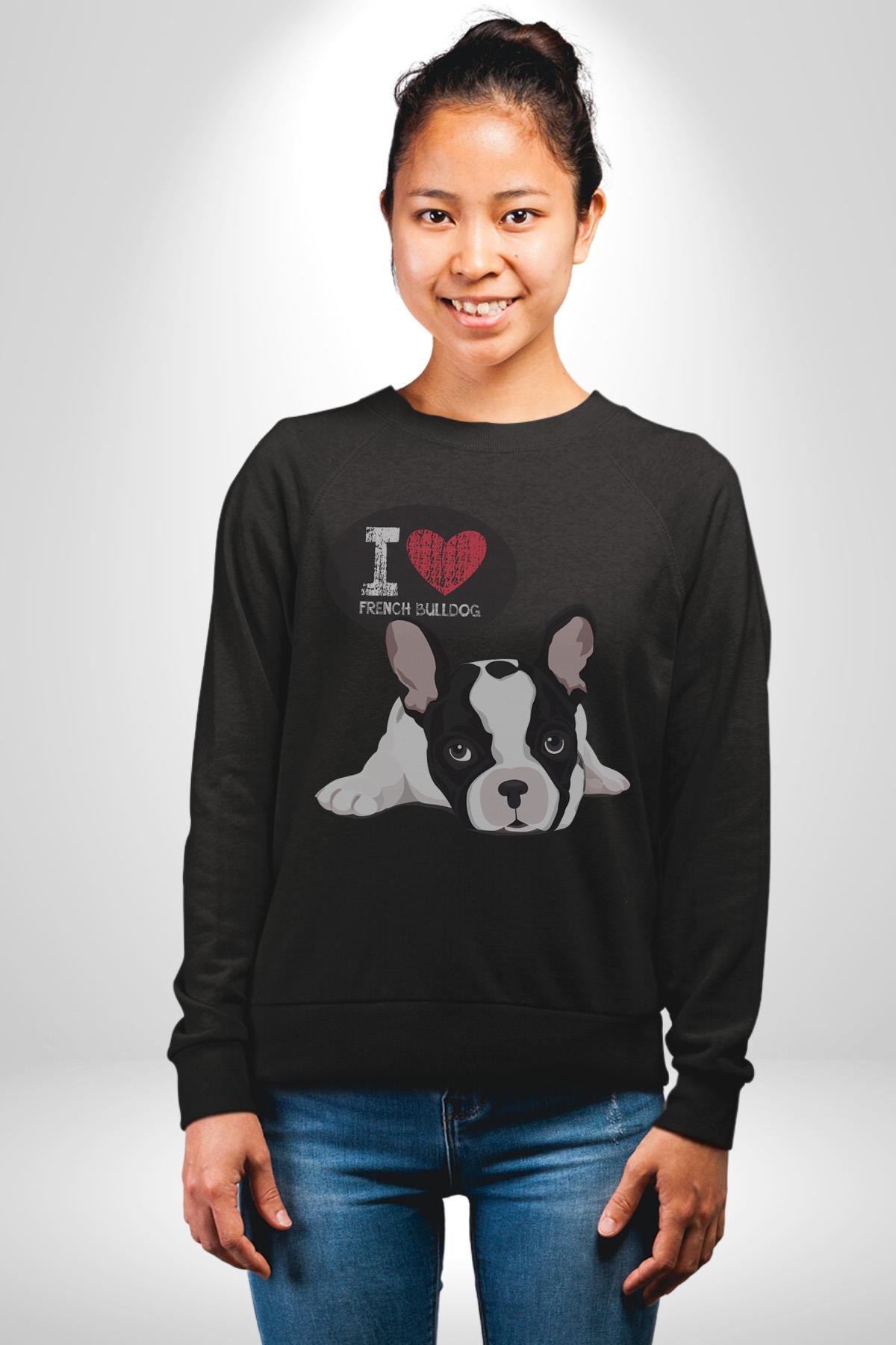 Seni Seviyorum Bulldog  Kadın Erkek Çocuk Siyah Baskılı Sweatshirt 