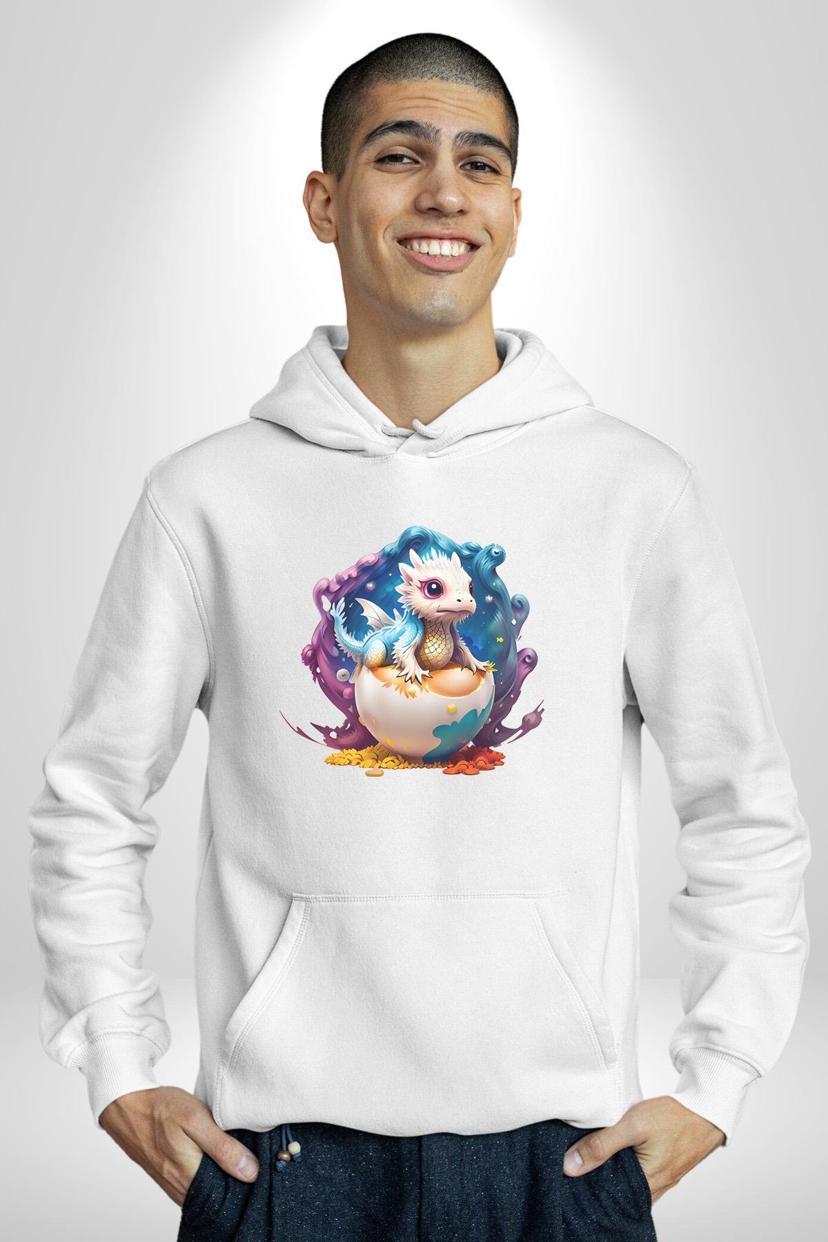 Sevimli Bebek Ejderha Elmas Yumurta Kadın Erkek Çocuk Beyaz Kapüşonlu Sweatshirt Hoodie