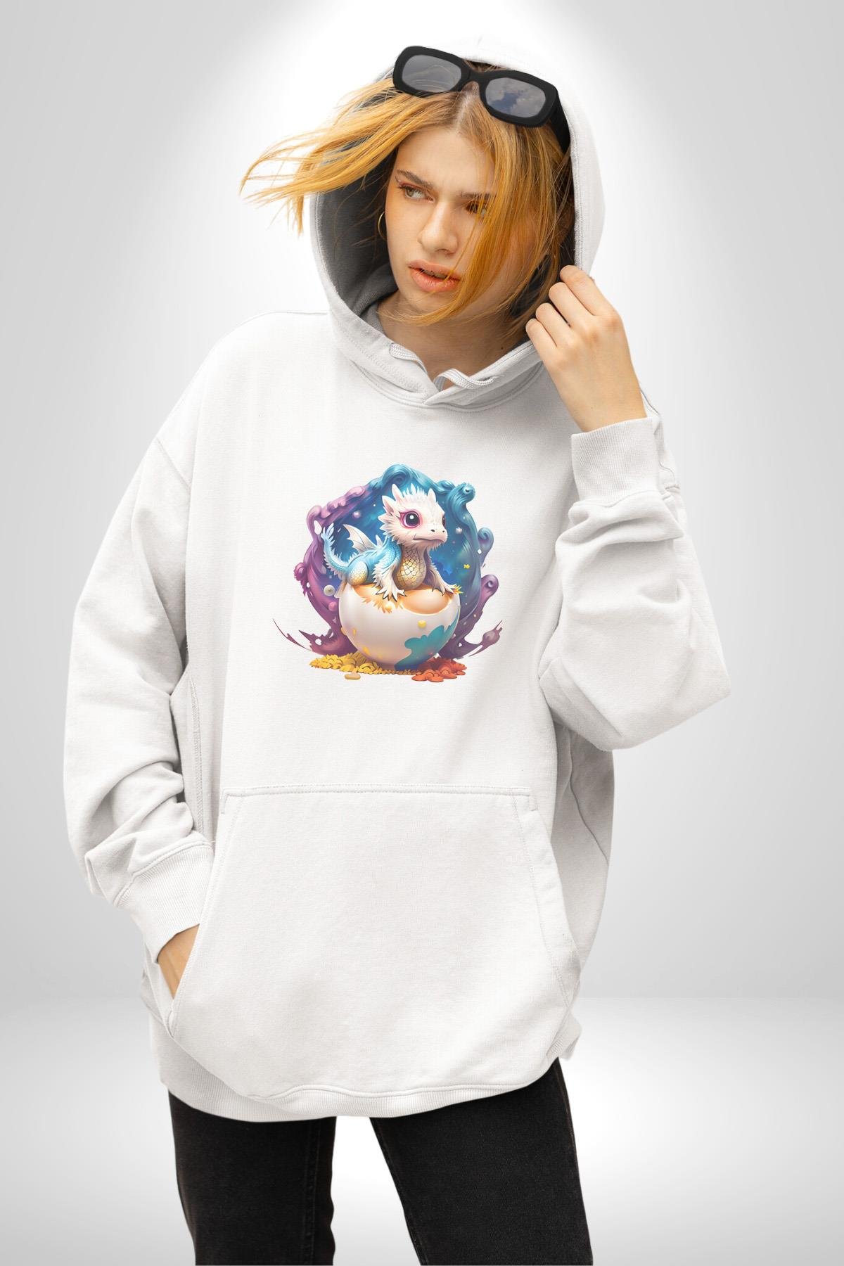 Sevimli Bebek Ejderha Elmas Yumurta Kadın Erkek Çocuk Beyaz Kapüşonlu Sweatshirt Hoodie